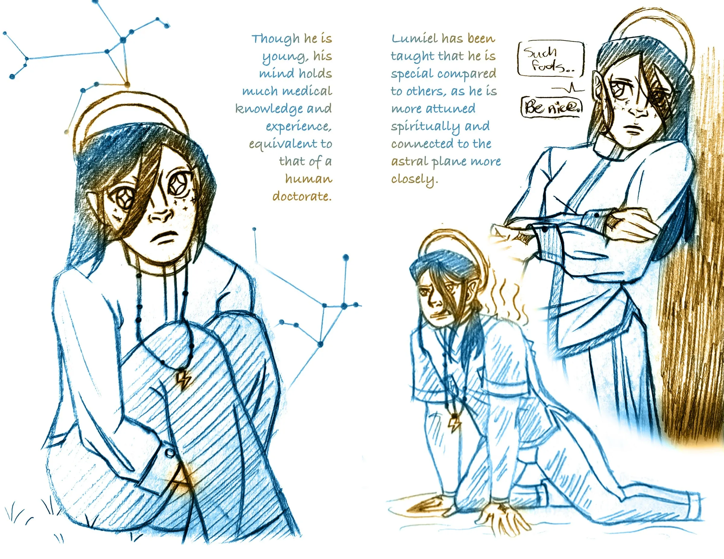 Zine spread — left, Lumiel sitting with his knees drawn up and a wary look, gold halo rings and blue constellation lines around him, a lightning bolt pendant at his throat; the text notes his medical knowledge matches a human doctorate. Right, he stands with his arms folded against a gold hatched background, thinking "Such fools..." and correcting himself with "Be nice.", while below a second drawing shows him kneeling with one hand on the ground