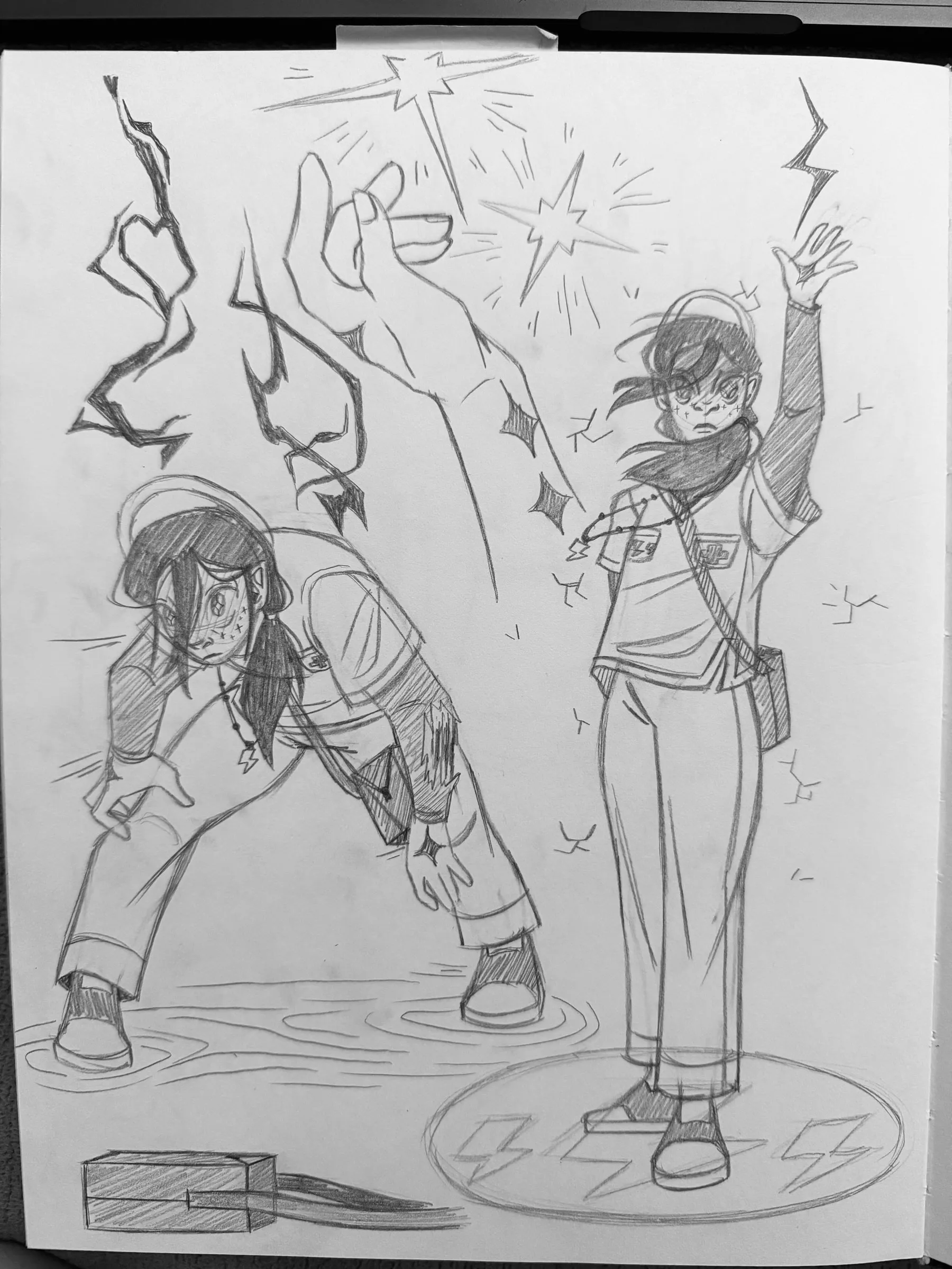 Lumiel zine sketches III — Action poses in pencil, a figure calling down lightning.