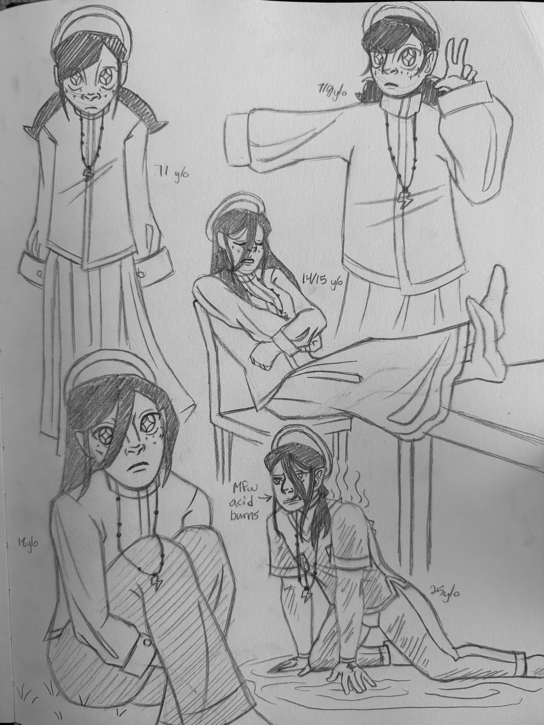 Lumiel zine sketches I — Pencil roughs of Lumiel in a range of poses and expressions.