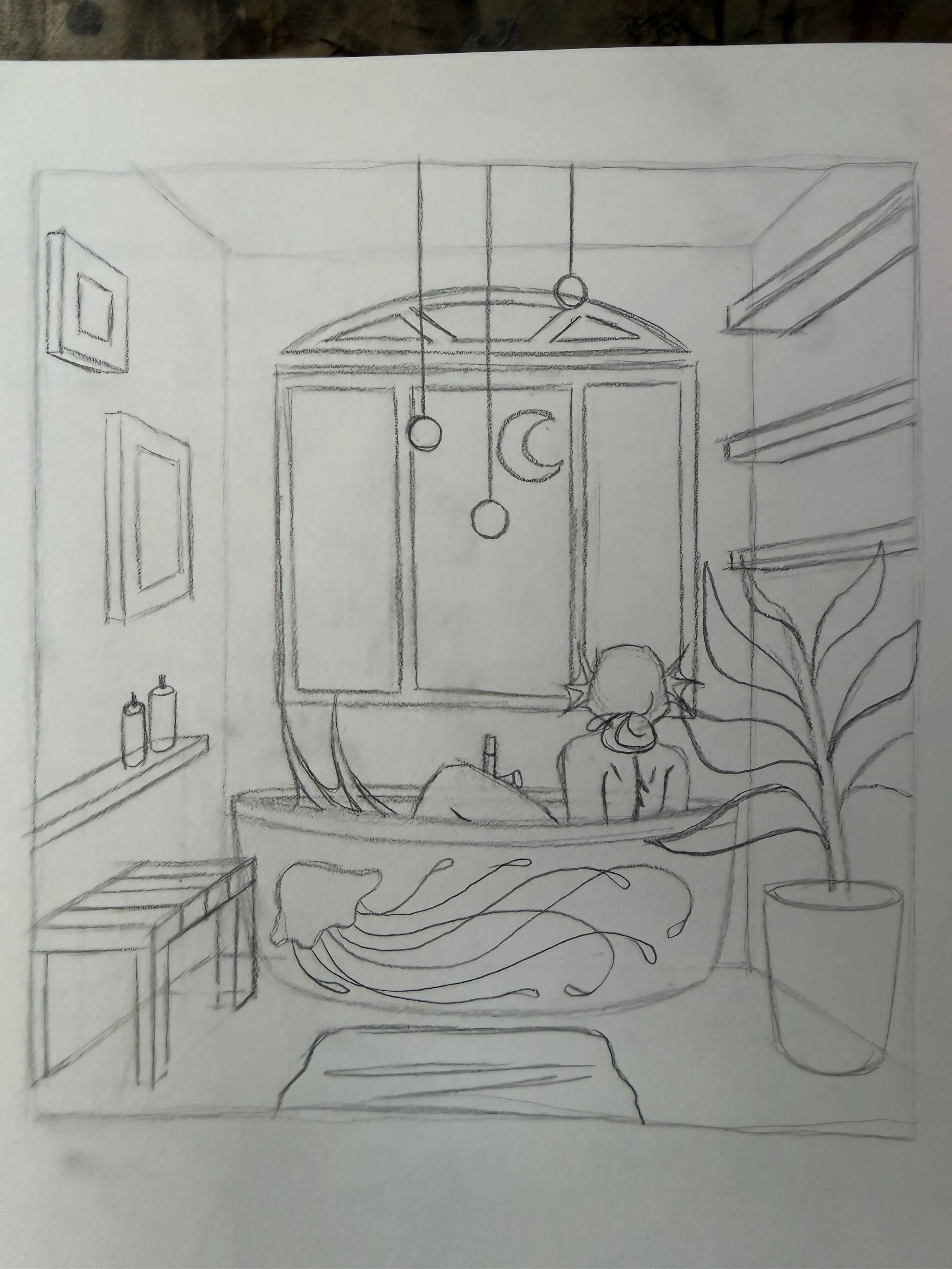 Moonlight bathroom — A pencil interior of a bathroom at night, with plants, candles and a crescent moon in the window.