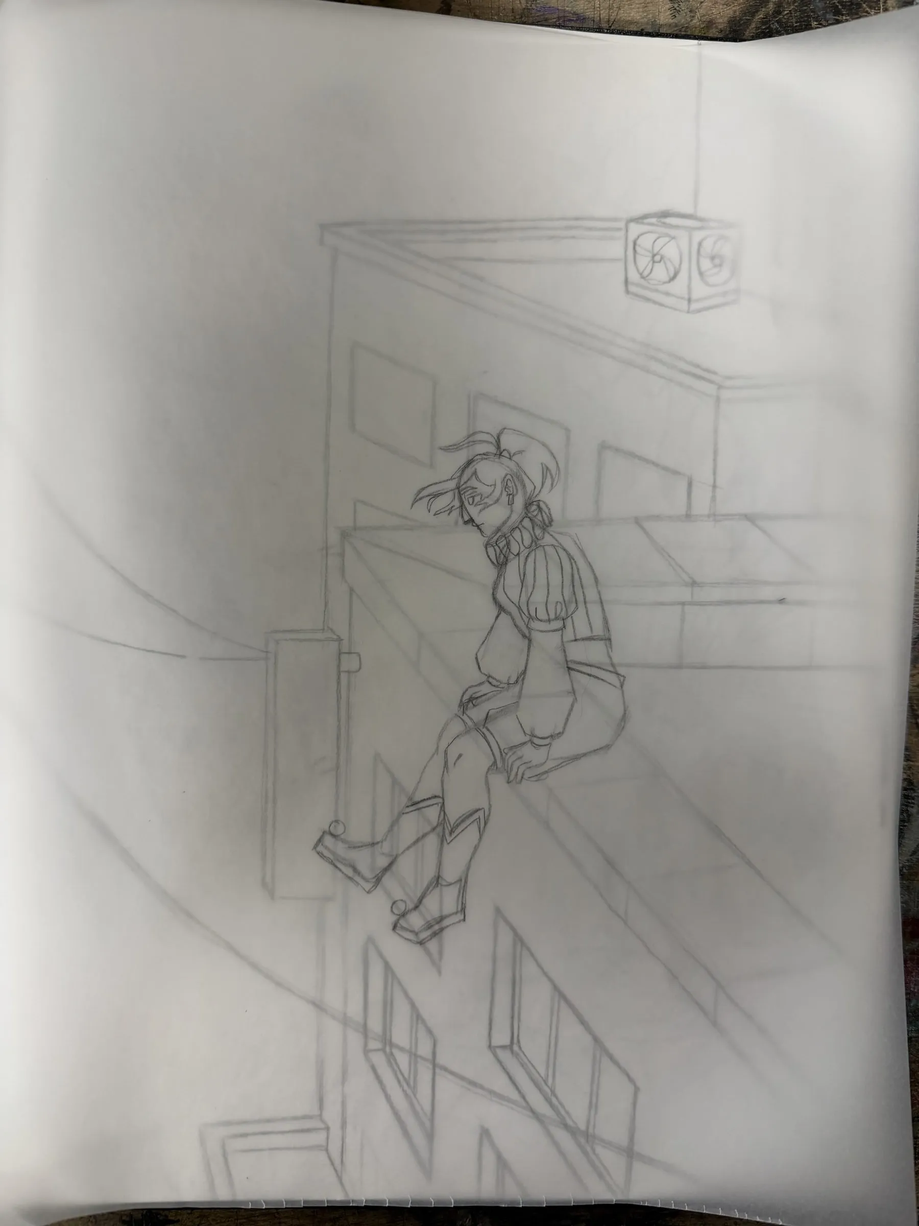 Pencil sketch on paper working out the figure against the rooftop