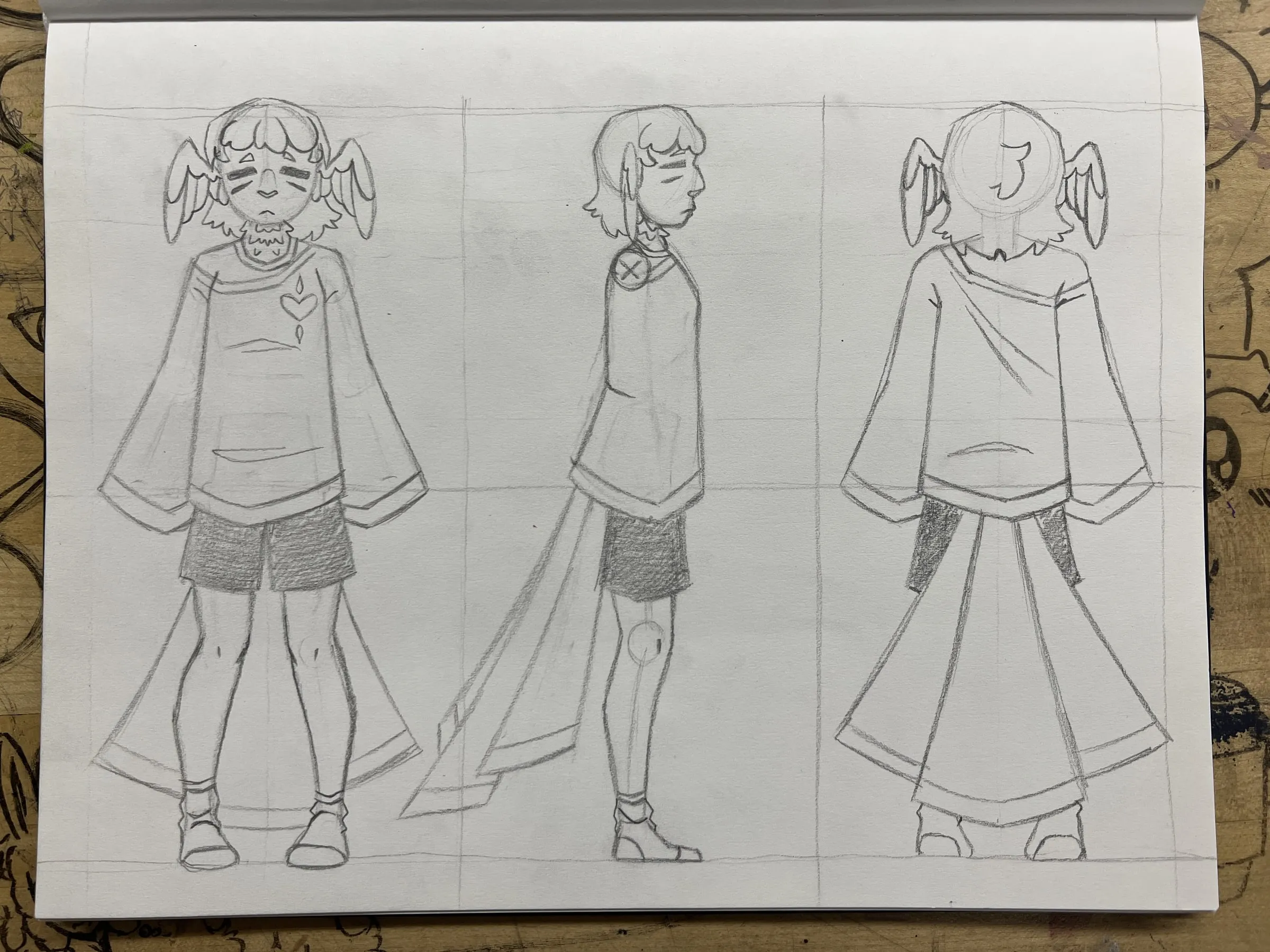 Sculpture turnaround — A pencil turnaround sheet — front, side and back views drawn to work from while sculpting.