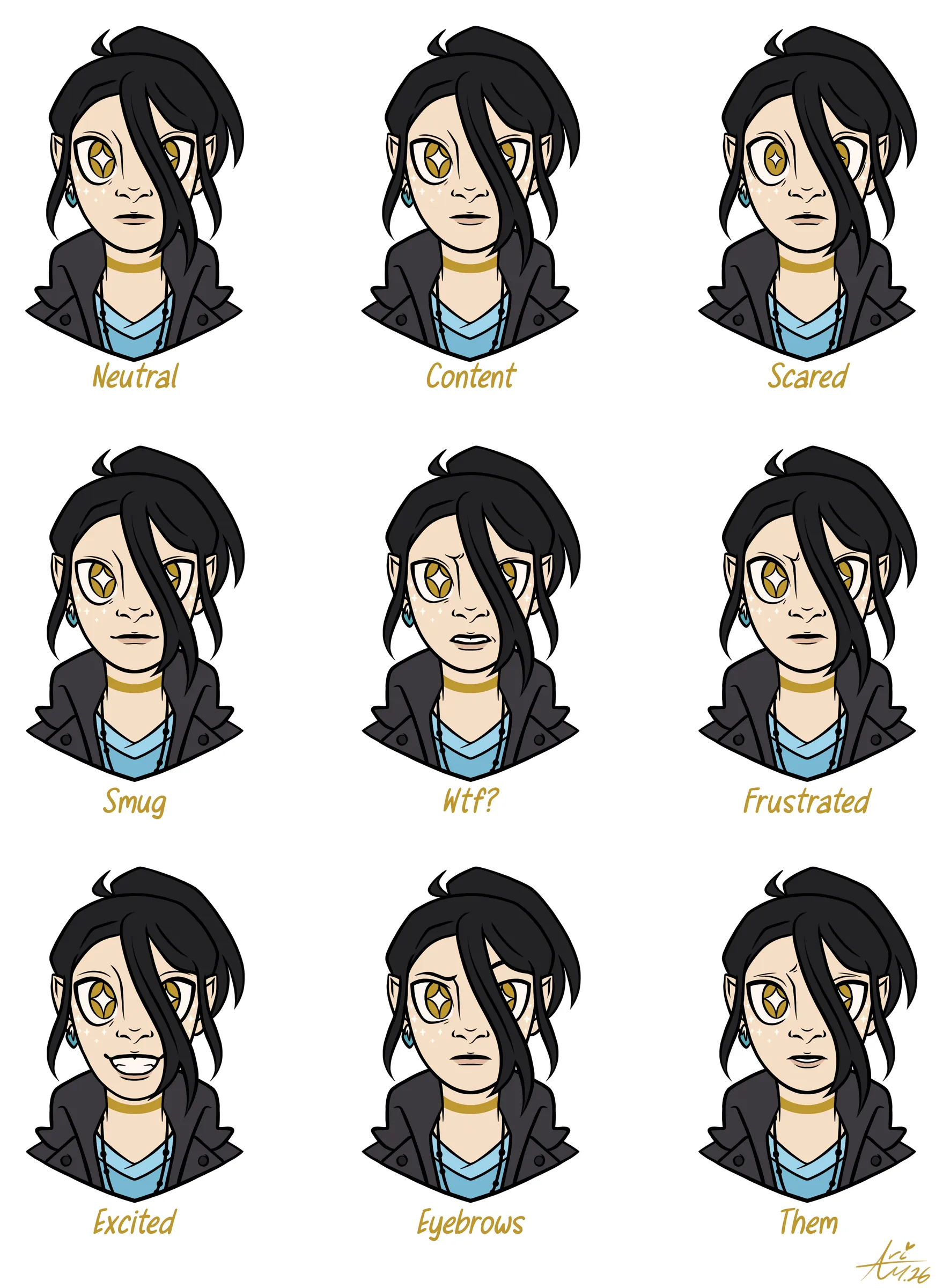 Expression sheet — nine labelled expressions including neutral, content, scared, smug, frustrated and excited