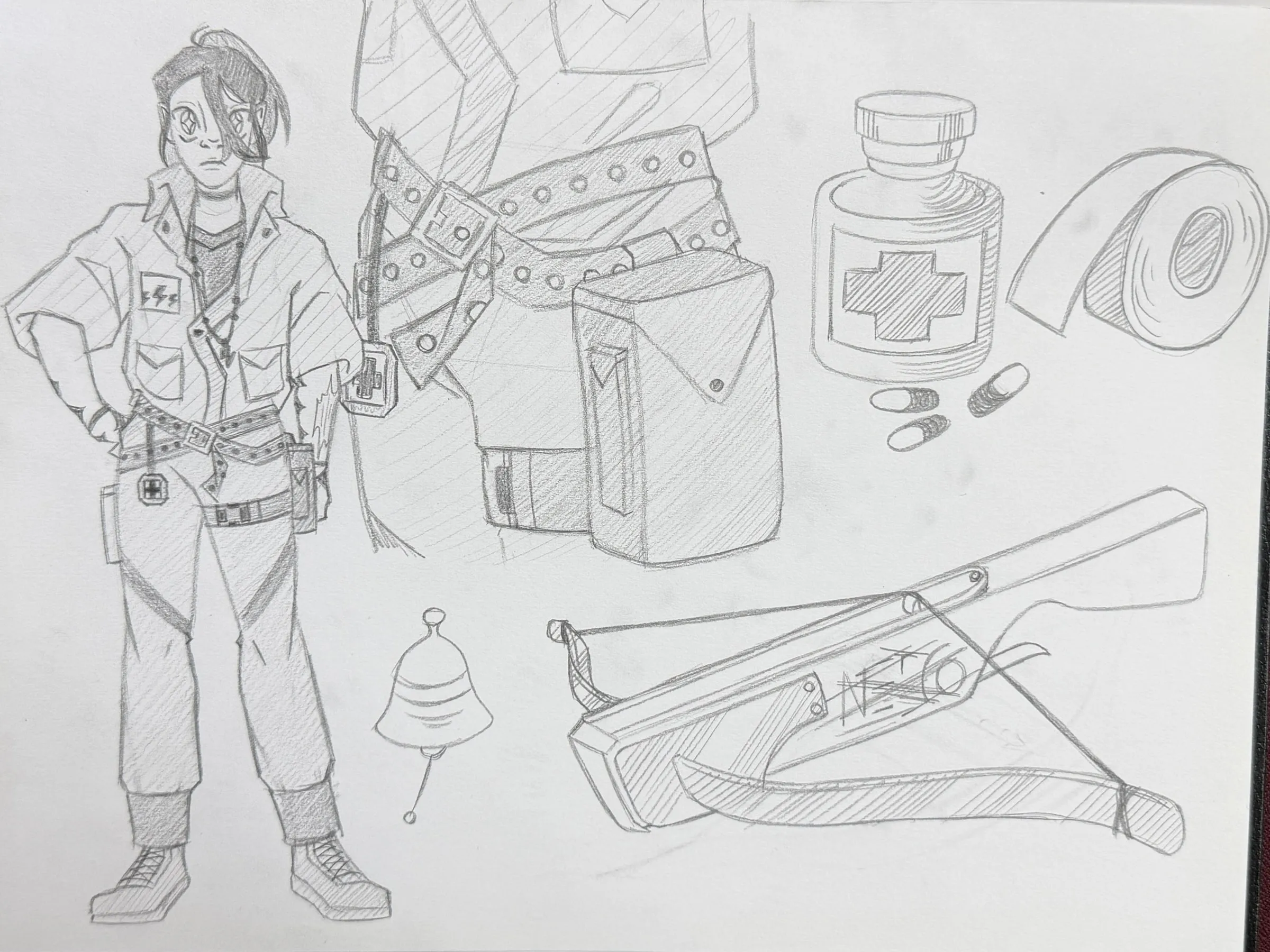 Lumiel zine sketches V — A full-figure pencil study in a belted outfit, with medical kit props drawn out beside it.