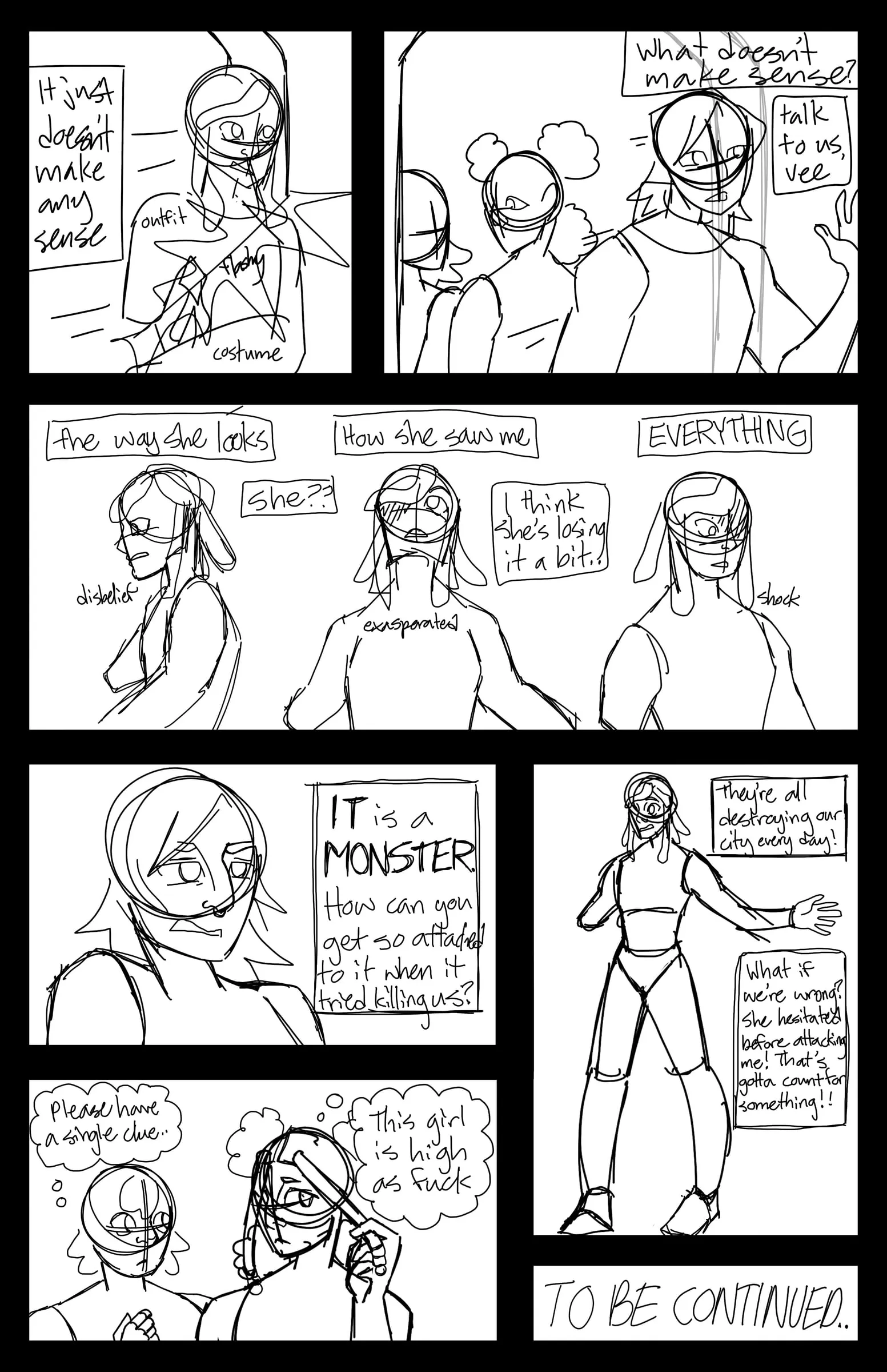 Rough page layout with handwritten dialogue blocked into panels