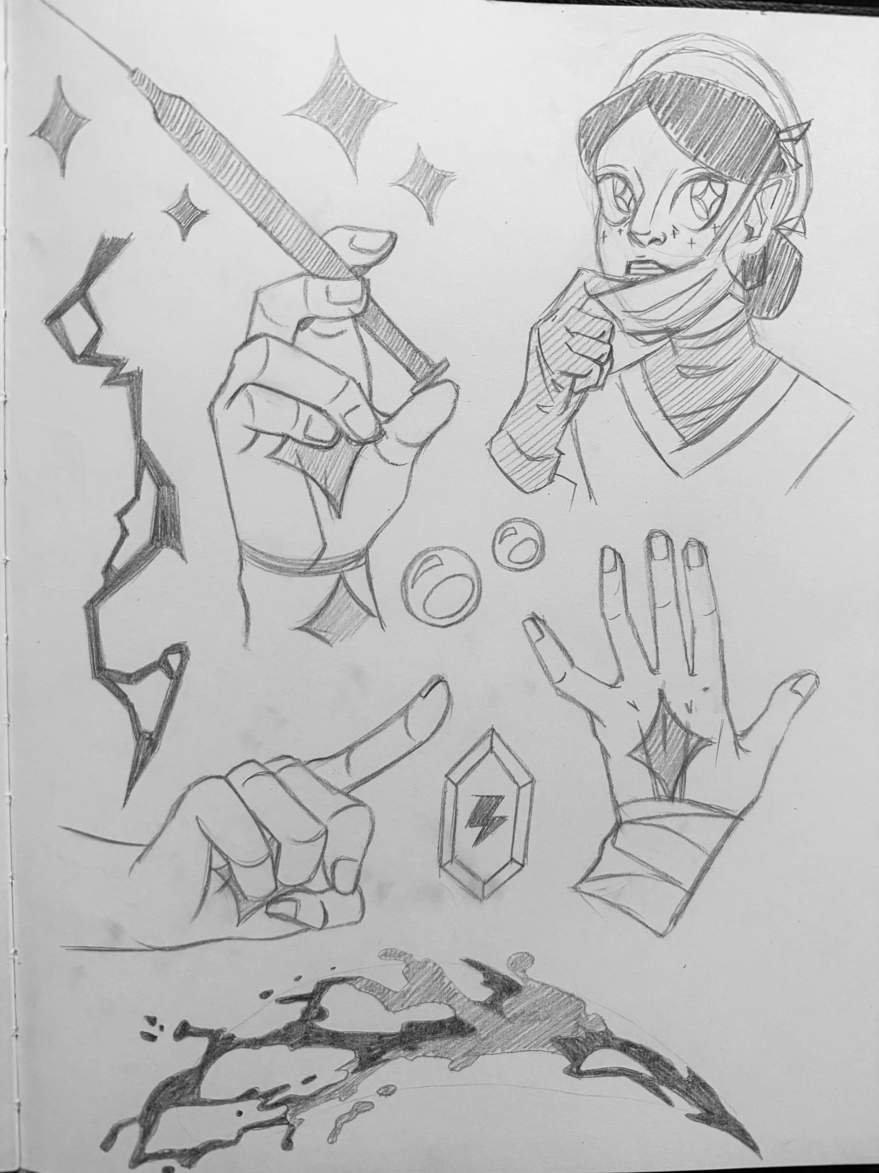 Lumiel zine sketches IV — Pencil studies of hands holding a blade and a wand, with gems and sparkle motifs.