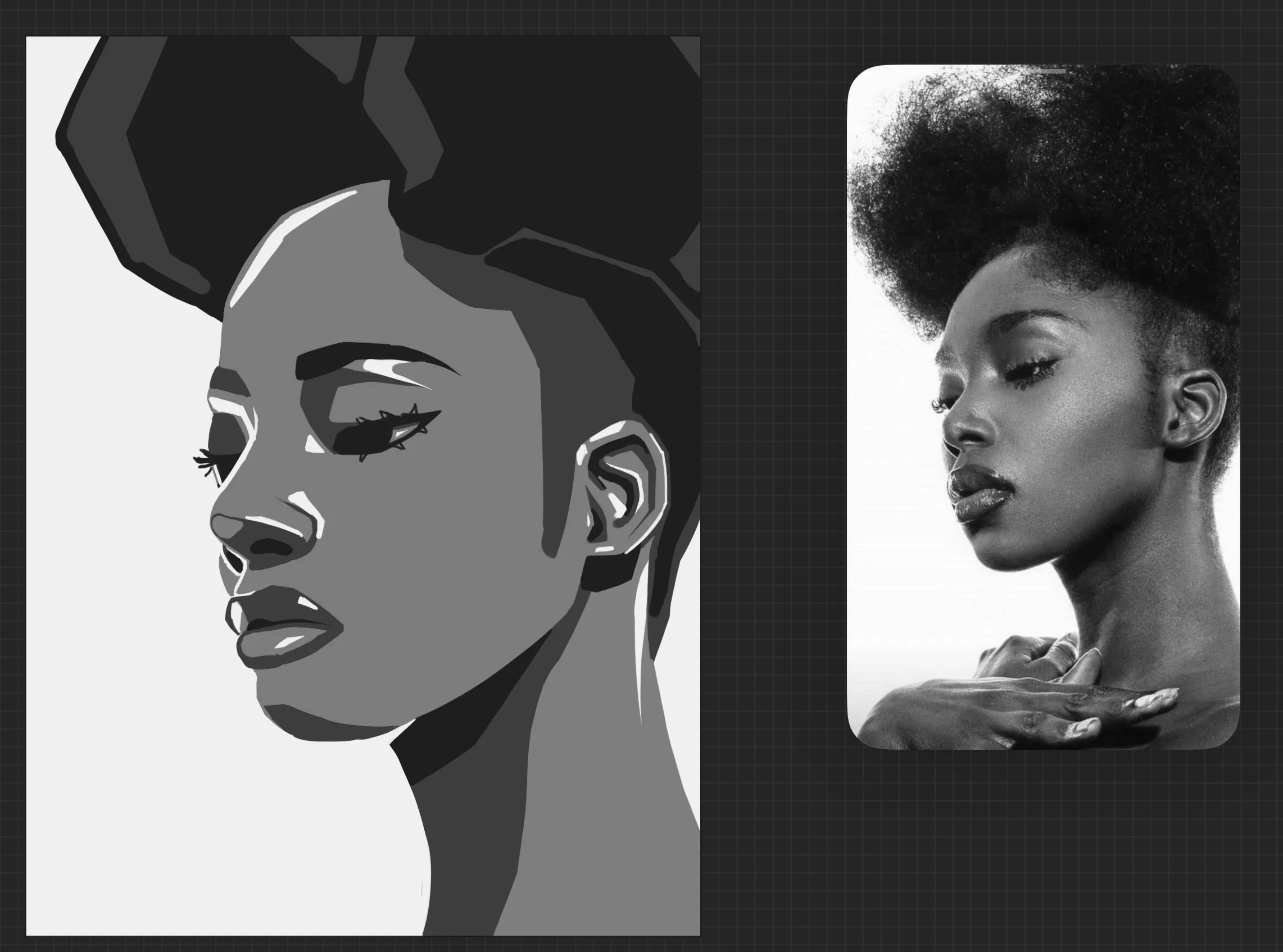 Blocking practice II — A portrait blocked in as flat shapes of light and shadow, shown next to the photo it was studied from.