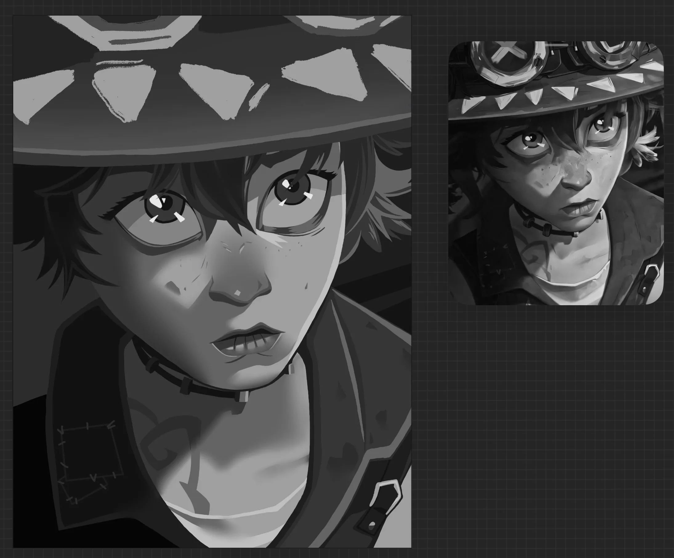 Blocking practice IV — A character in a wide-brimmed hat and choker, rendered from blocked-in shapes.