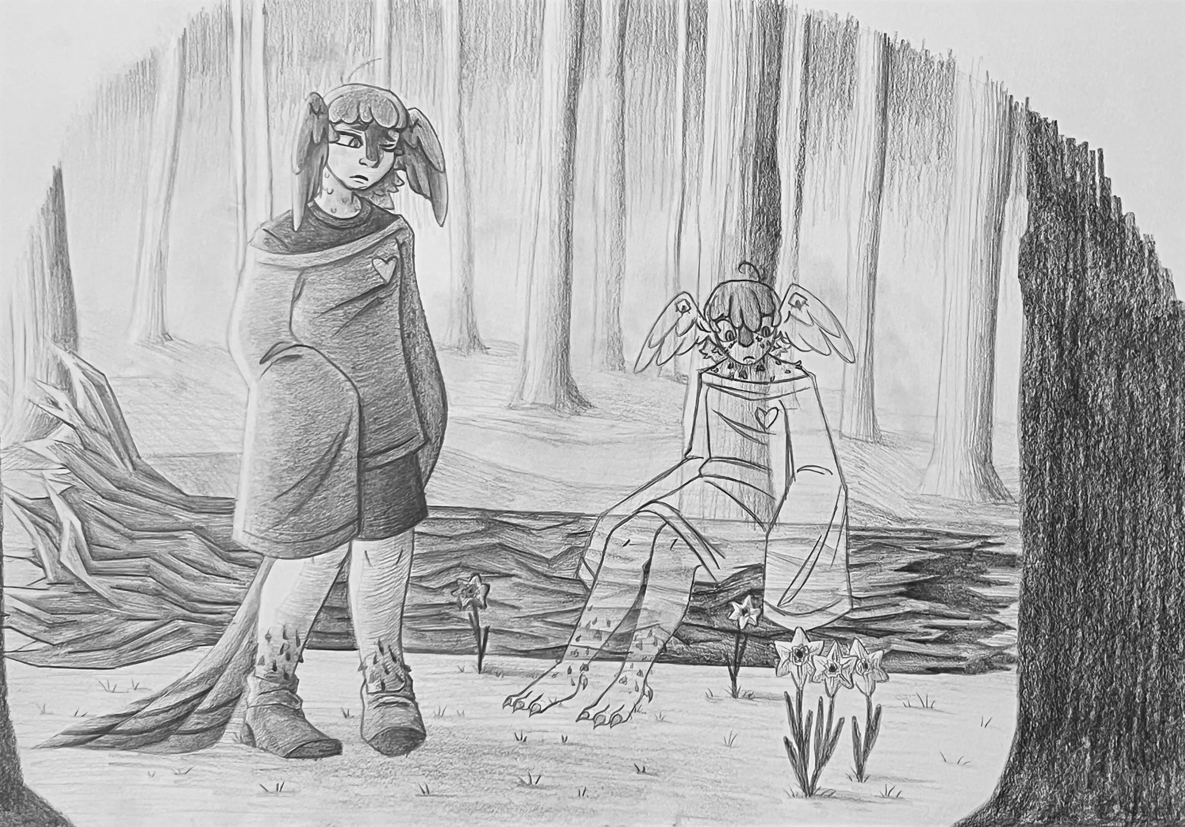 Rin, graphite — A graphite drawing of two figures in a forest, one standing and one seated among the undergrowth.