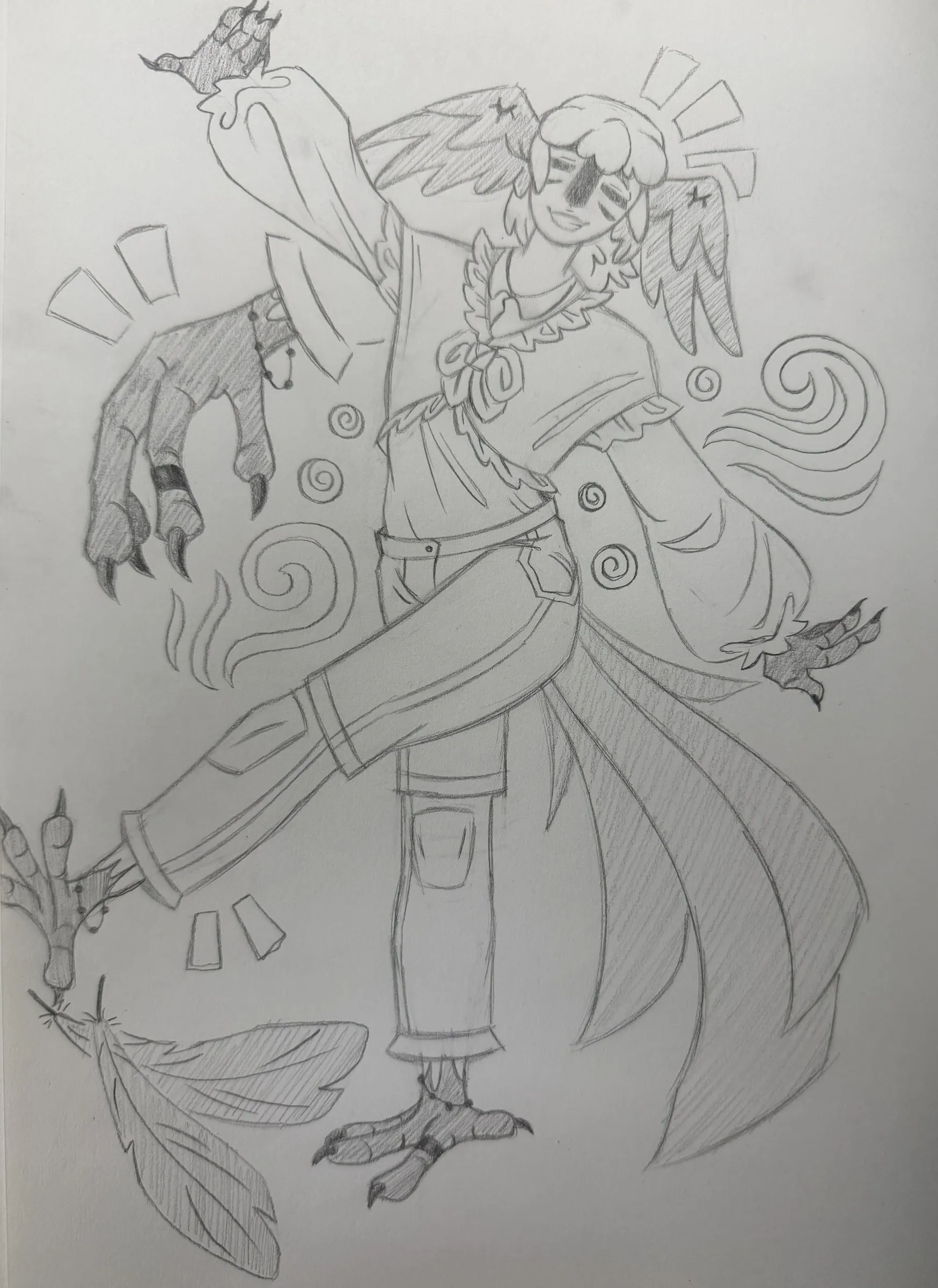 Rin sketch — A pencil drawing of Rin, winged, with flowing hair and layered costume detail.