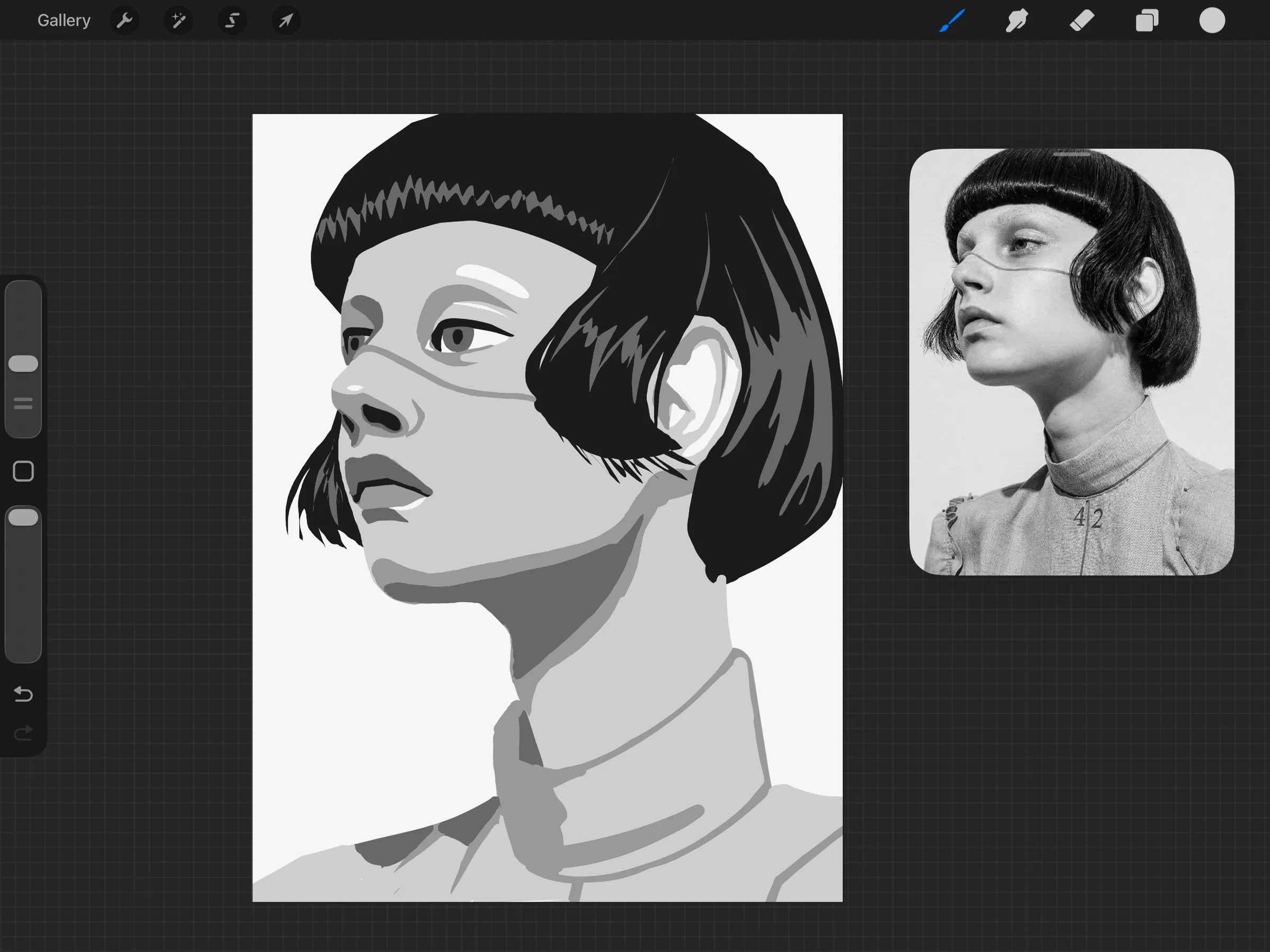 Blocking practice III — A block-in of a portrait with a short bob, worked from a vintage photo reference.