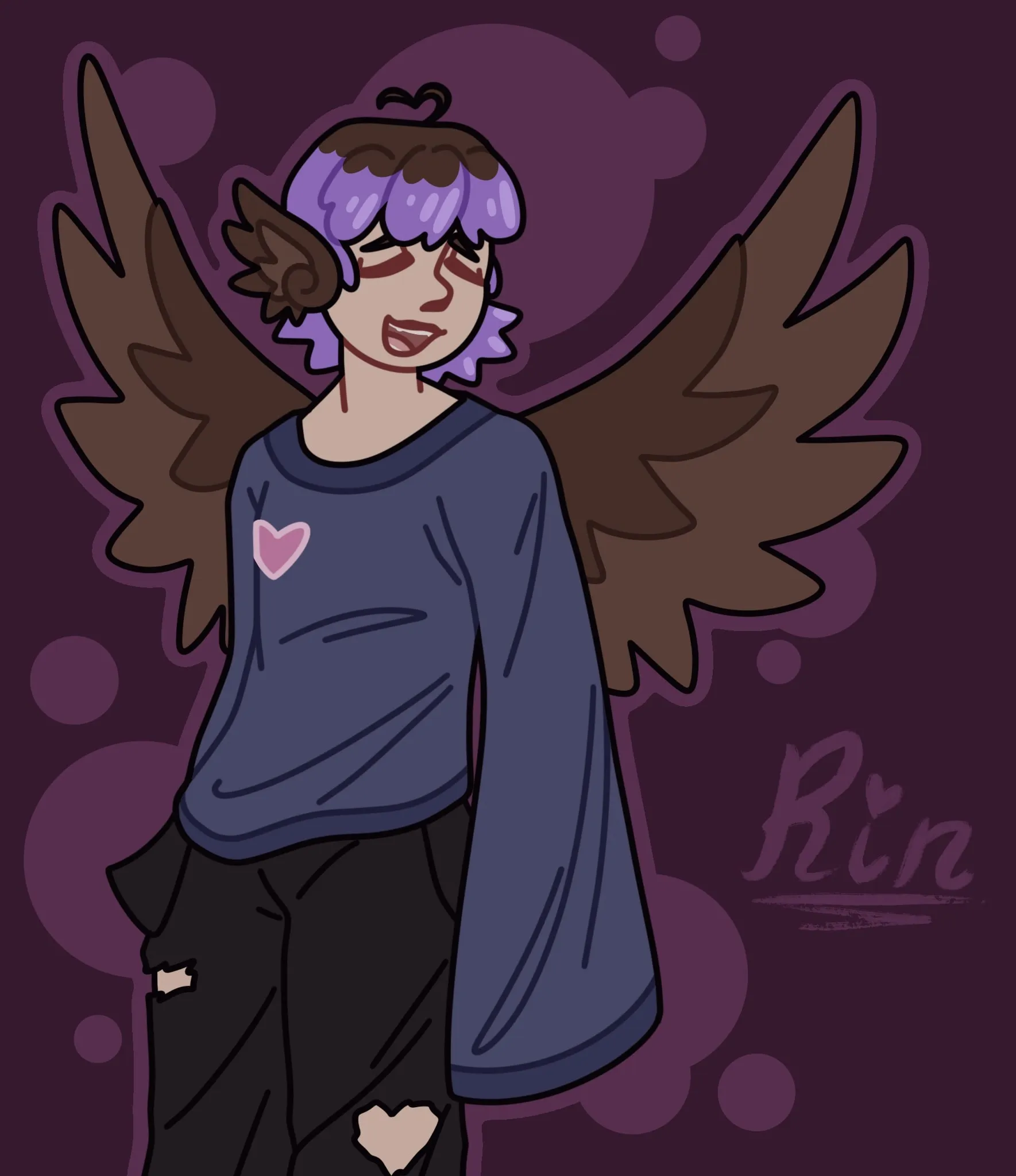 The earliest design — Rin against a dark magenta background, wings spread, signed