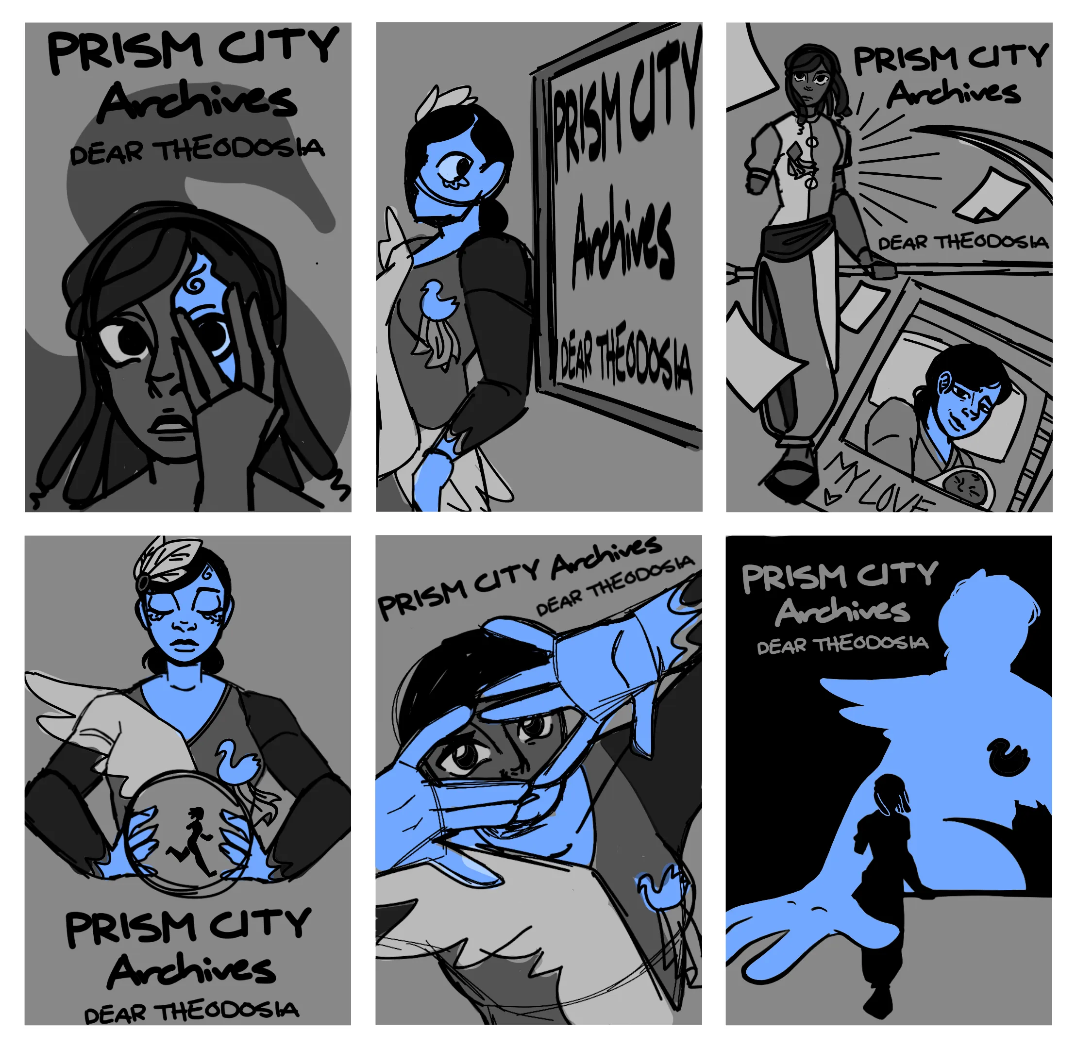 Six thumbnail compositions for the cover, roughed out in blue and grey
