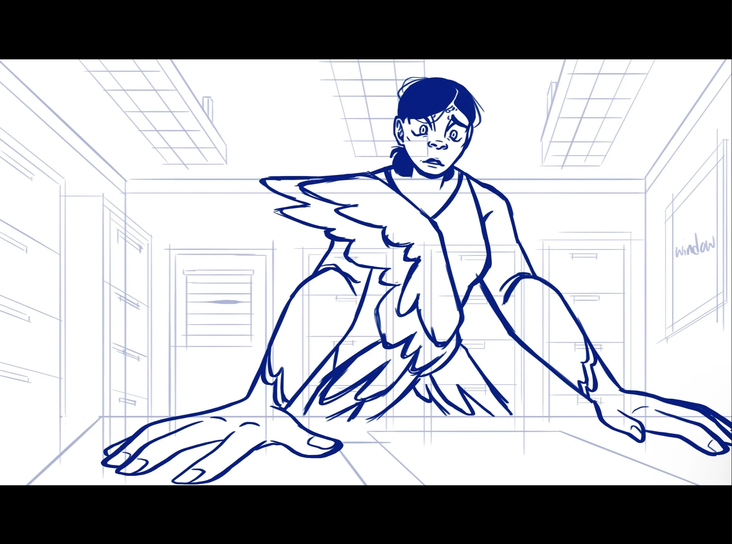 Blue line sketch establishing the perspective of the archive corridor