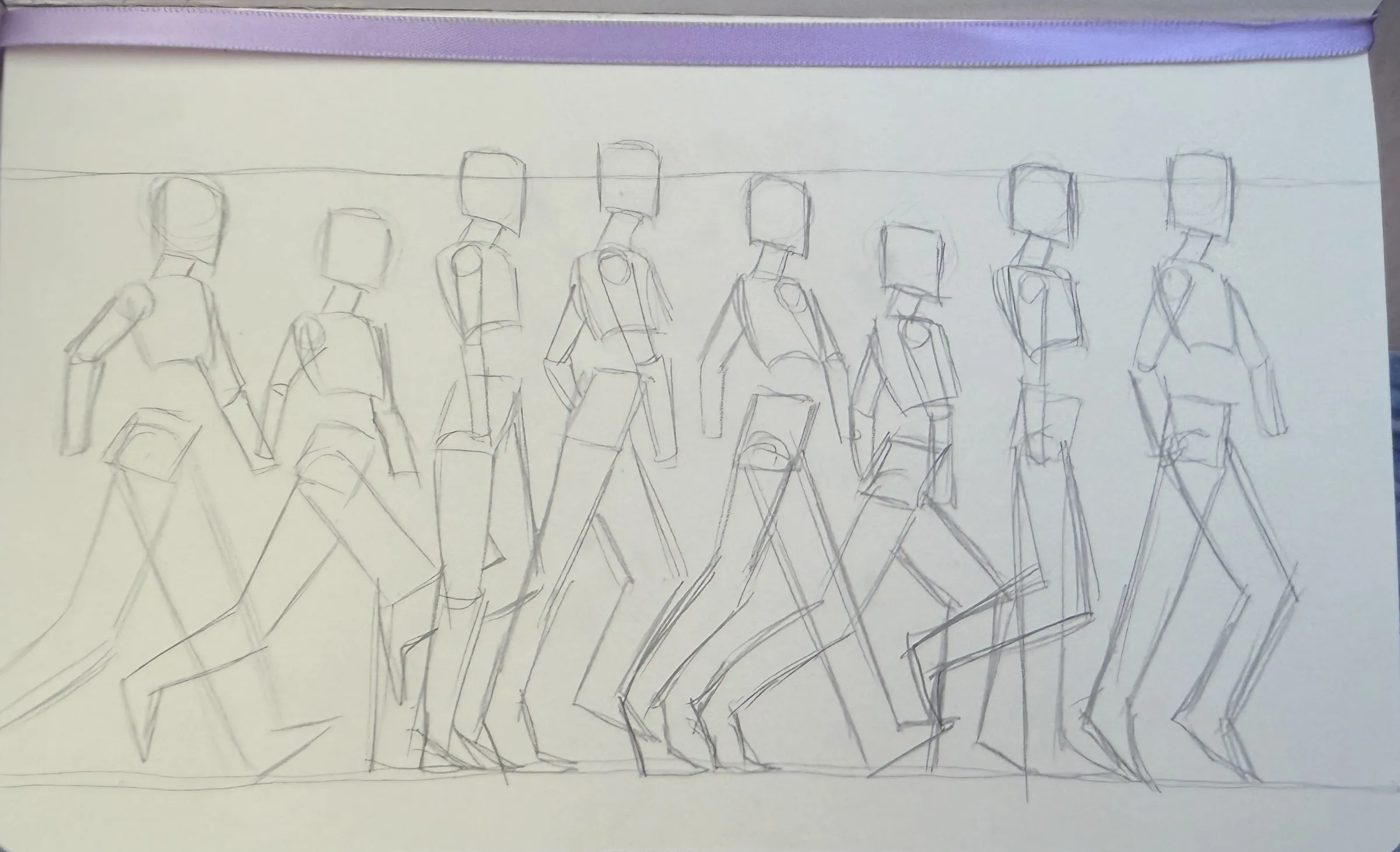 Walk cycle — A pencil walk cycle, the figure stepped through successive poses across the page.