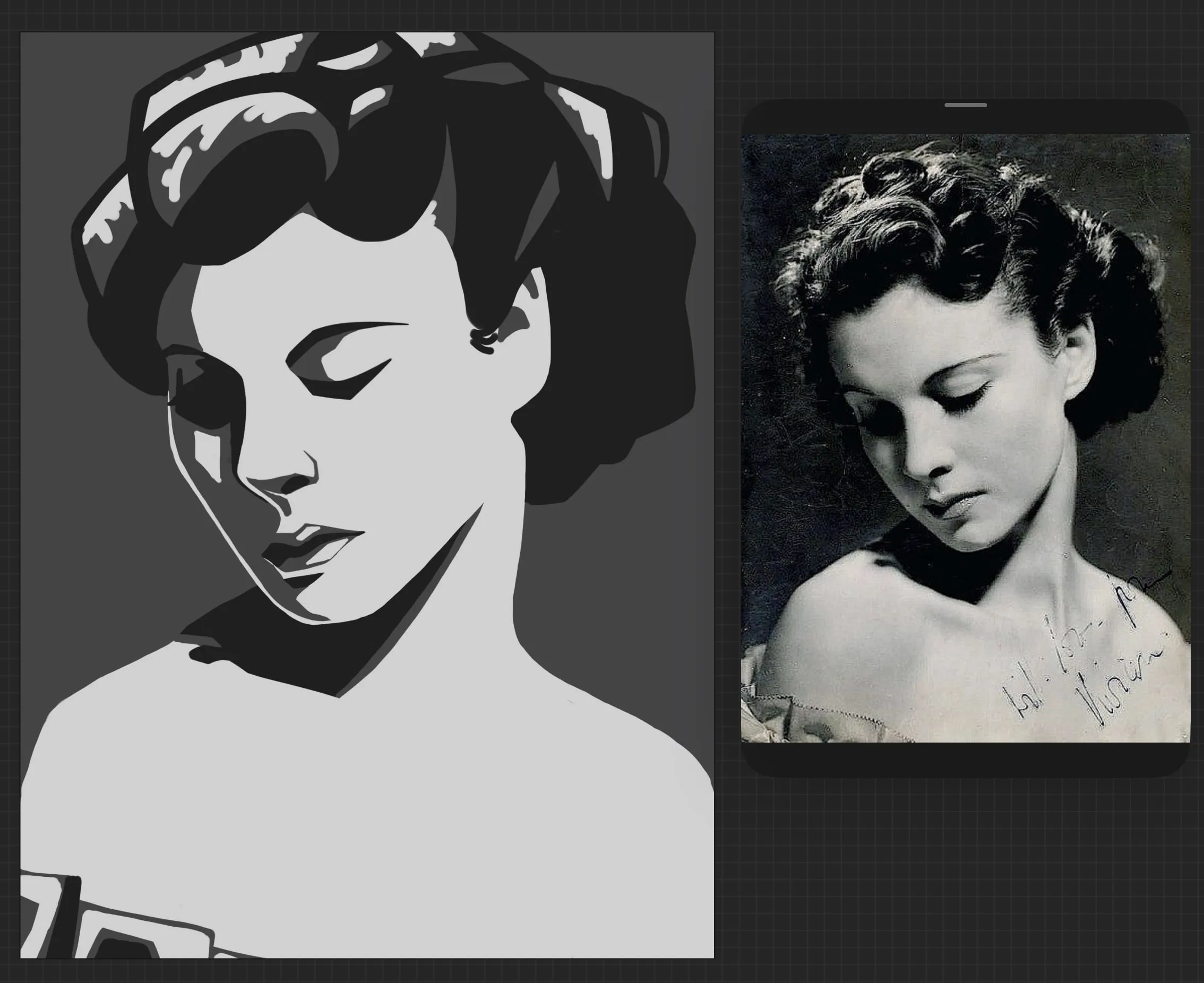 Blocking practice I — A high-contrast greyscale block-in of a portrait, worked beside its photo reference.
