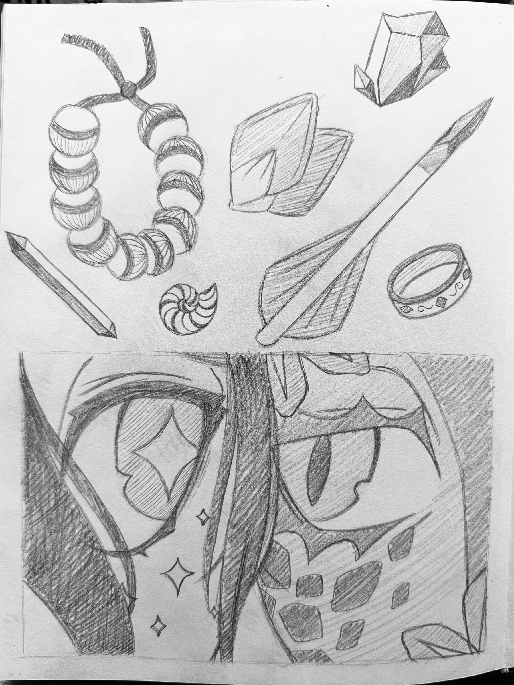 Lumiel zine sketches VI — Pencil prop studies — beads, gems, a blade, and a stained-glass arch.
