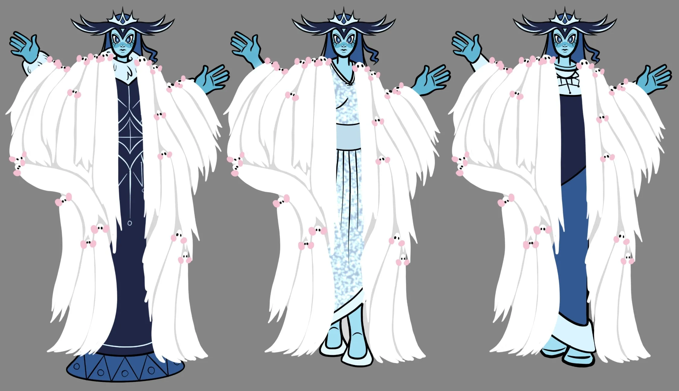The redesign in a heavy white fur coat, shown in three views