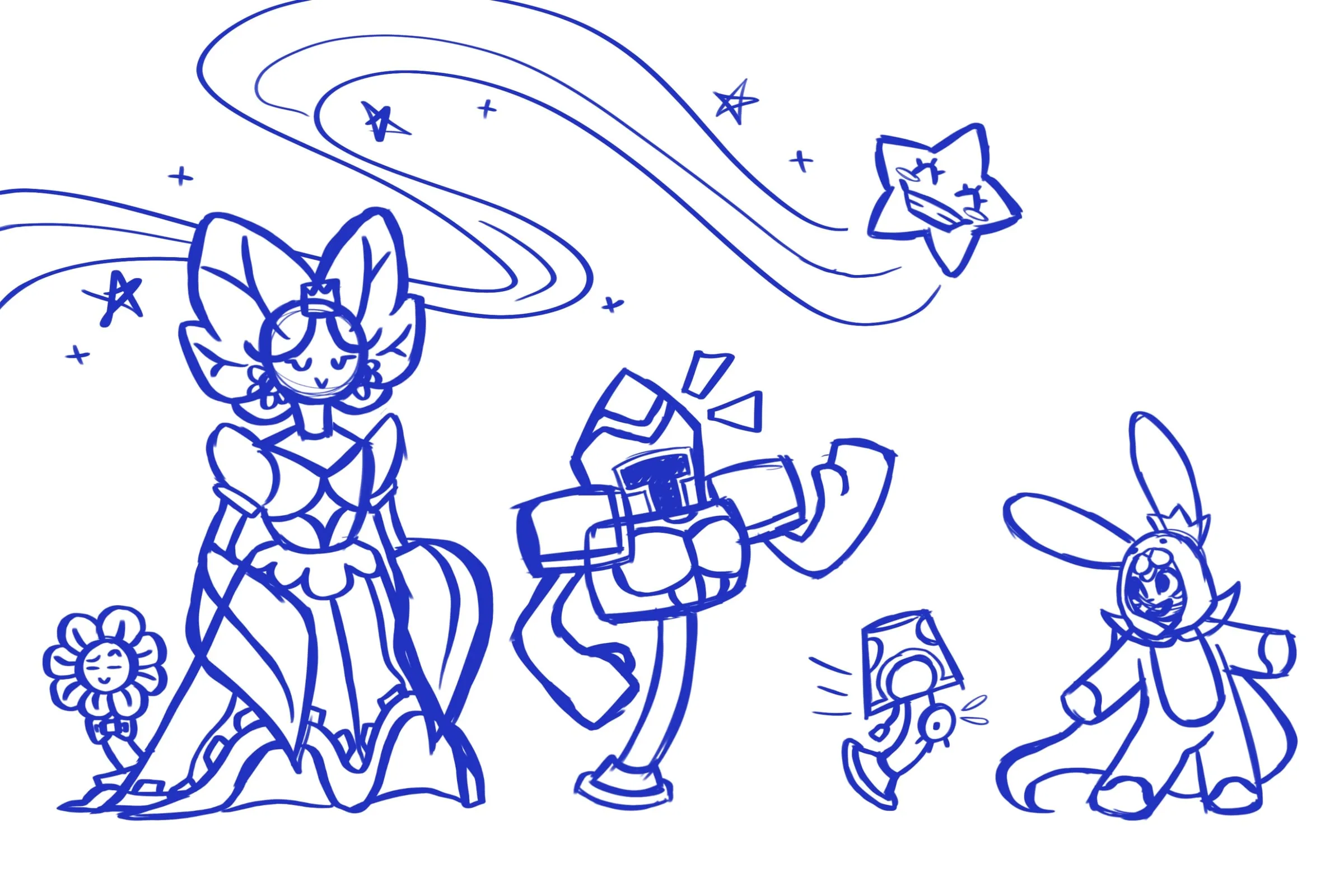 First rough of the lineup in blue line — the cast blocked in loosely with the ribbon sweep behind them