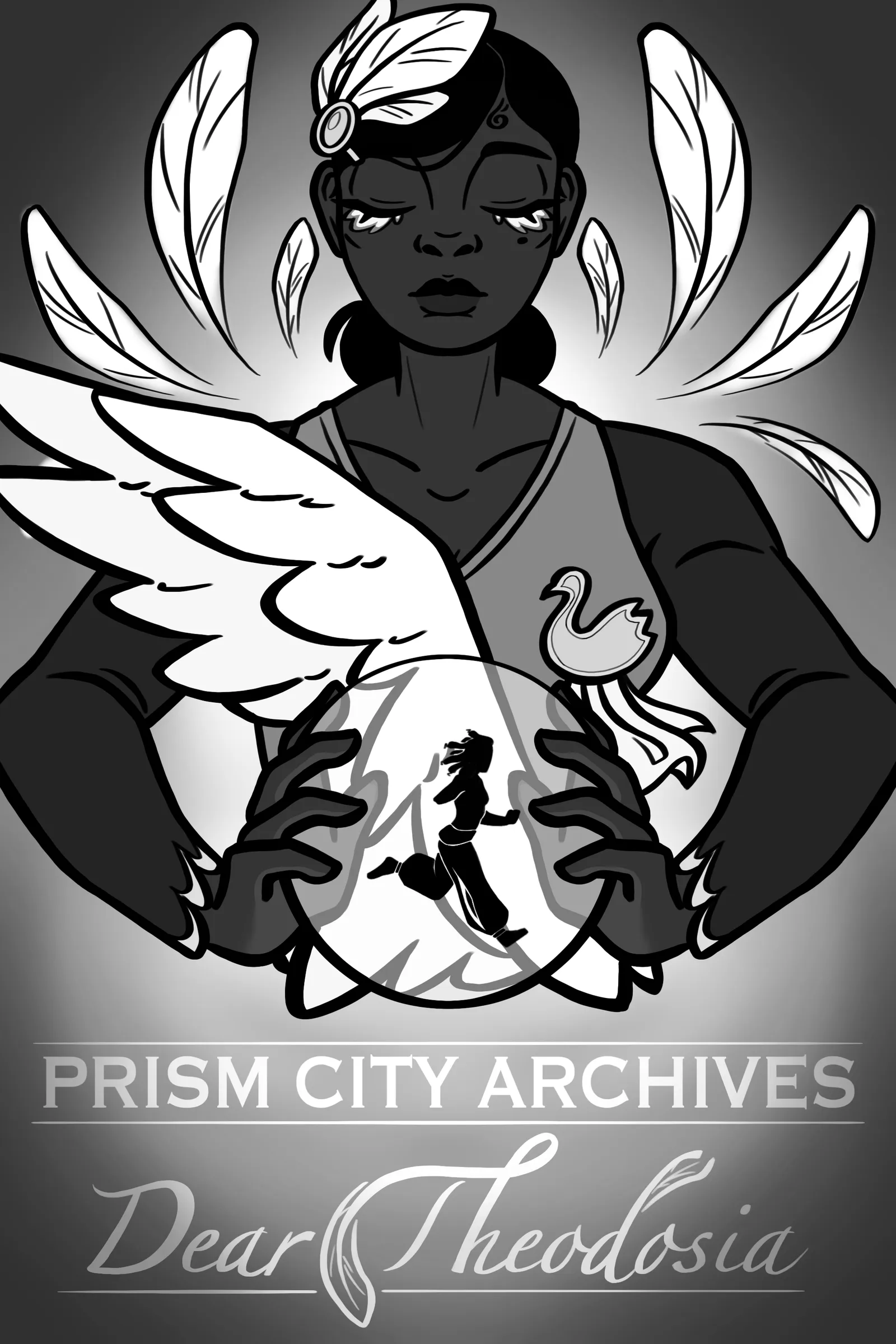 Greyscale study of the chosen composition — Theodosia haloed by wings above a glowing orb
