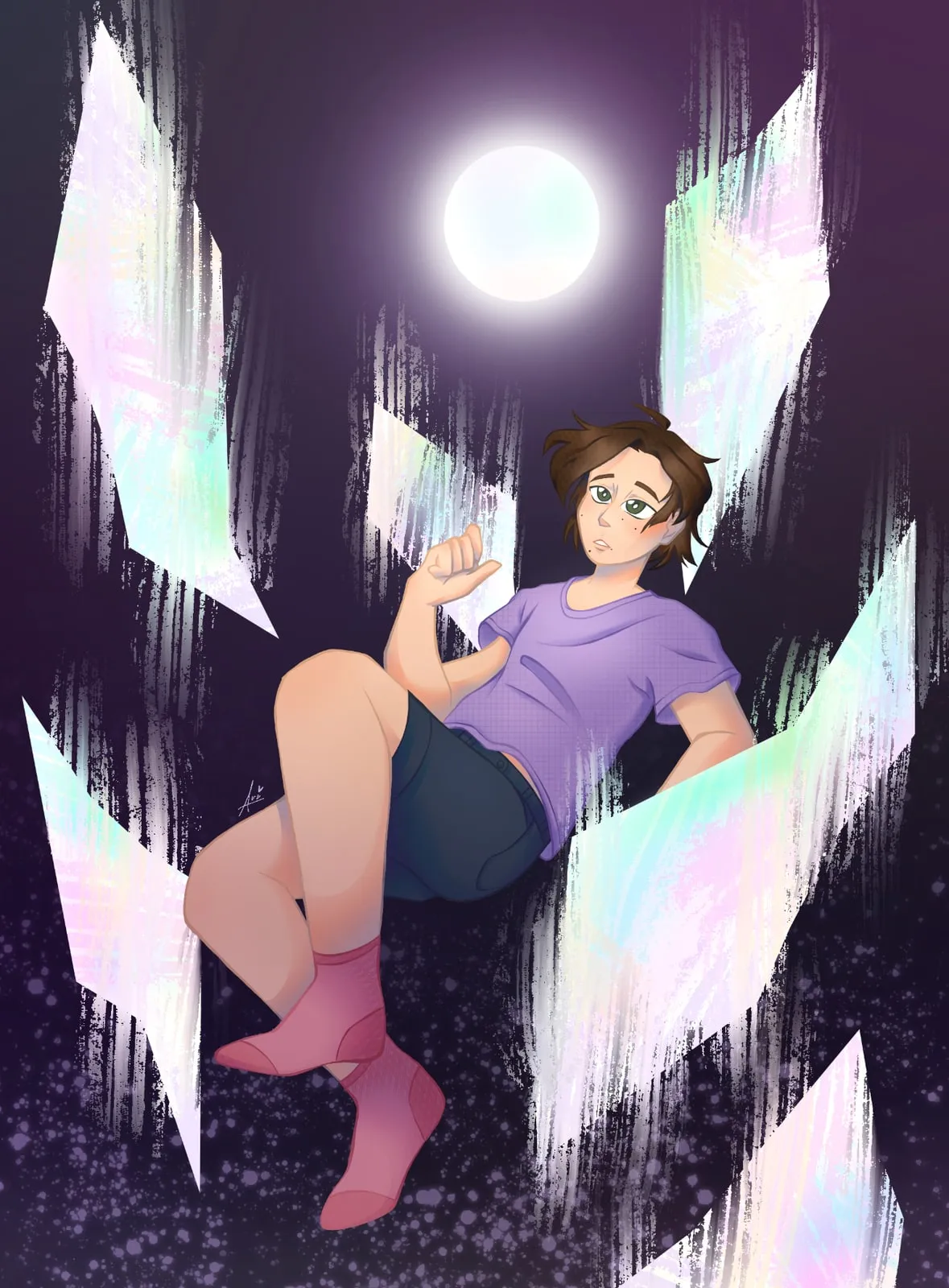The earlier self portrait — the same idea in a purple tee, the shards more iridescent and the composition tighter around the figure