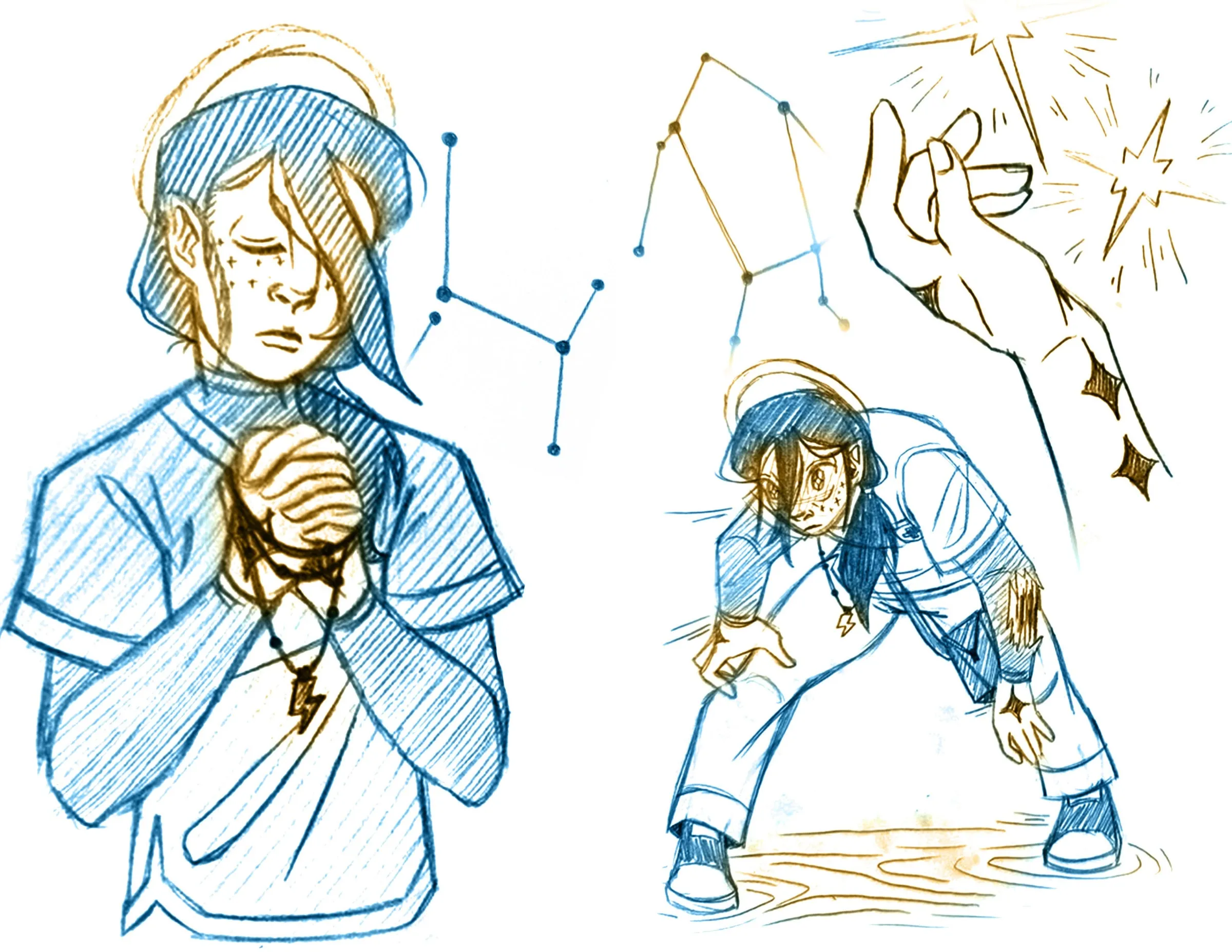 Zine spread — left, Lumiel holds a glowing orb against his chest with his eyes closed, haloed, a constellation traced beside him. Right, he braces low over rippling ground while a large hand above throws off a burst of light