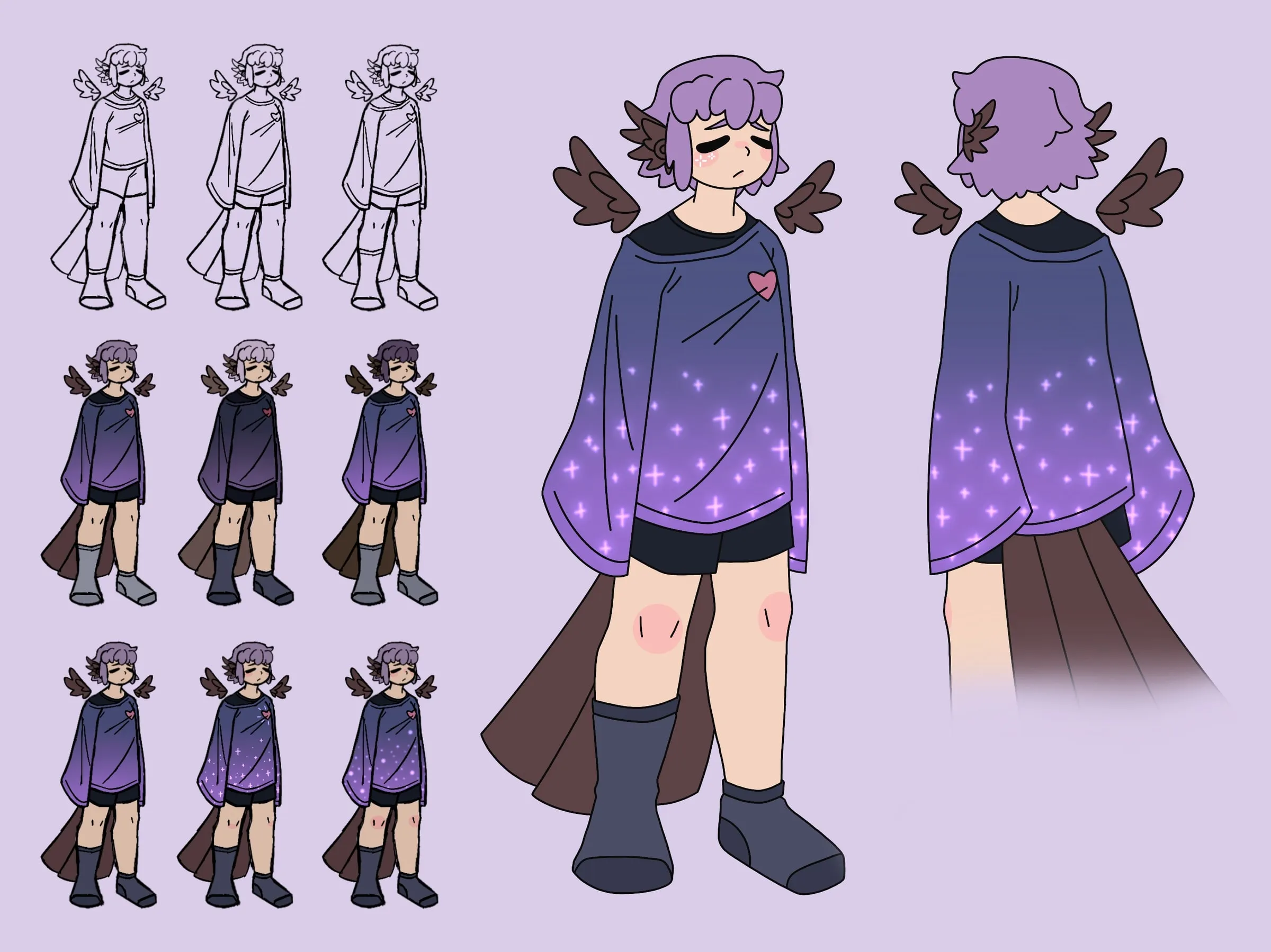 A design sheet on light purple, the full figure worked up beside several smaller passes