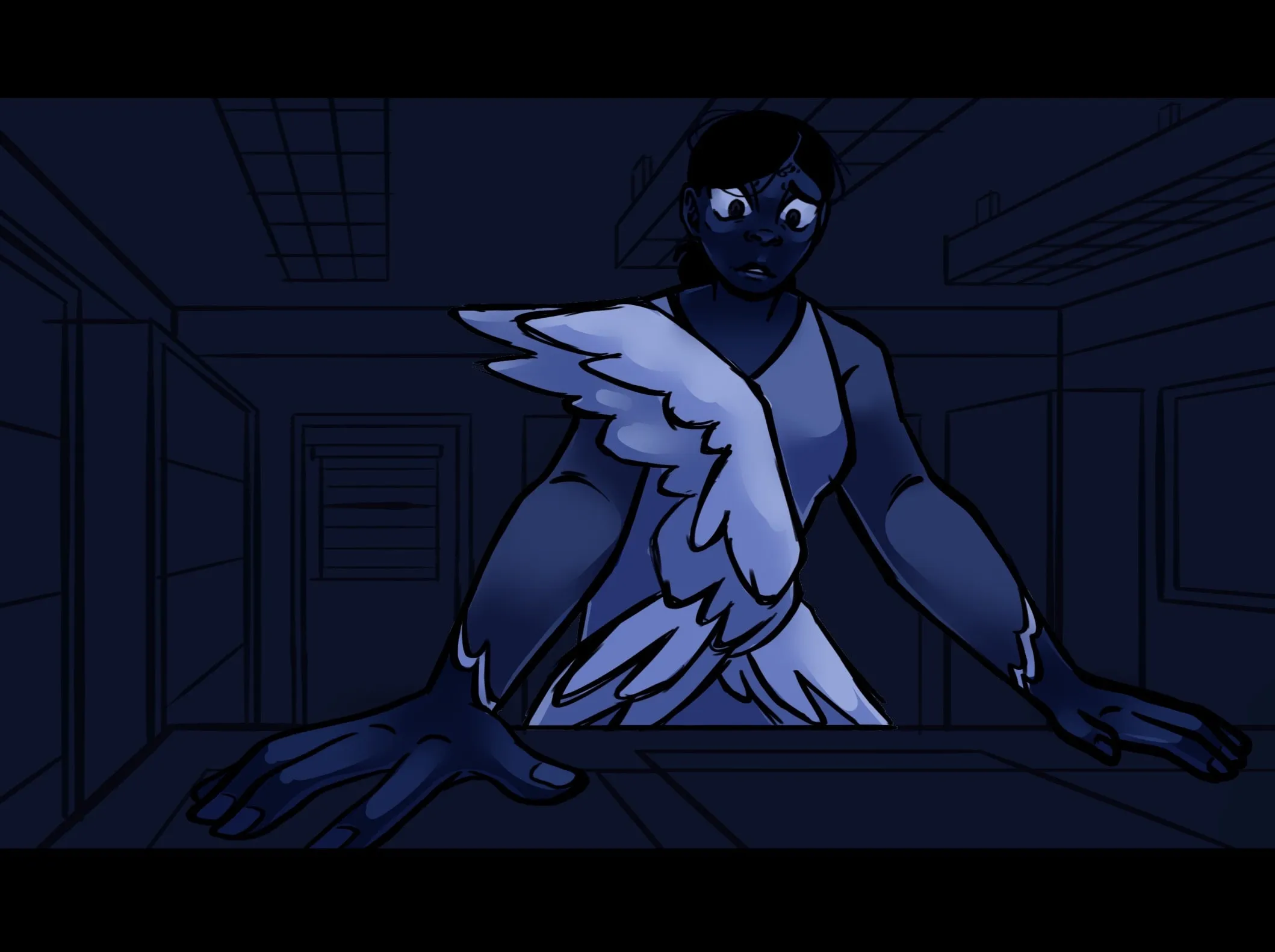 Lighting study in deep blues, Theodosia leaning over the desk
