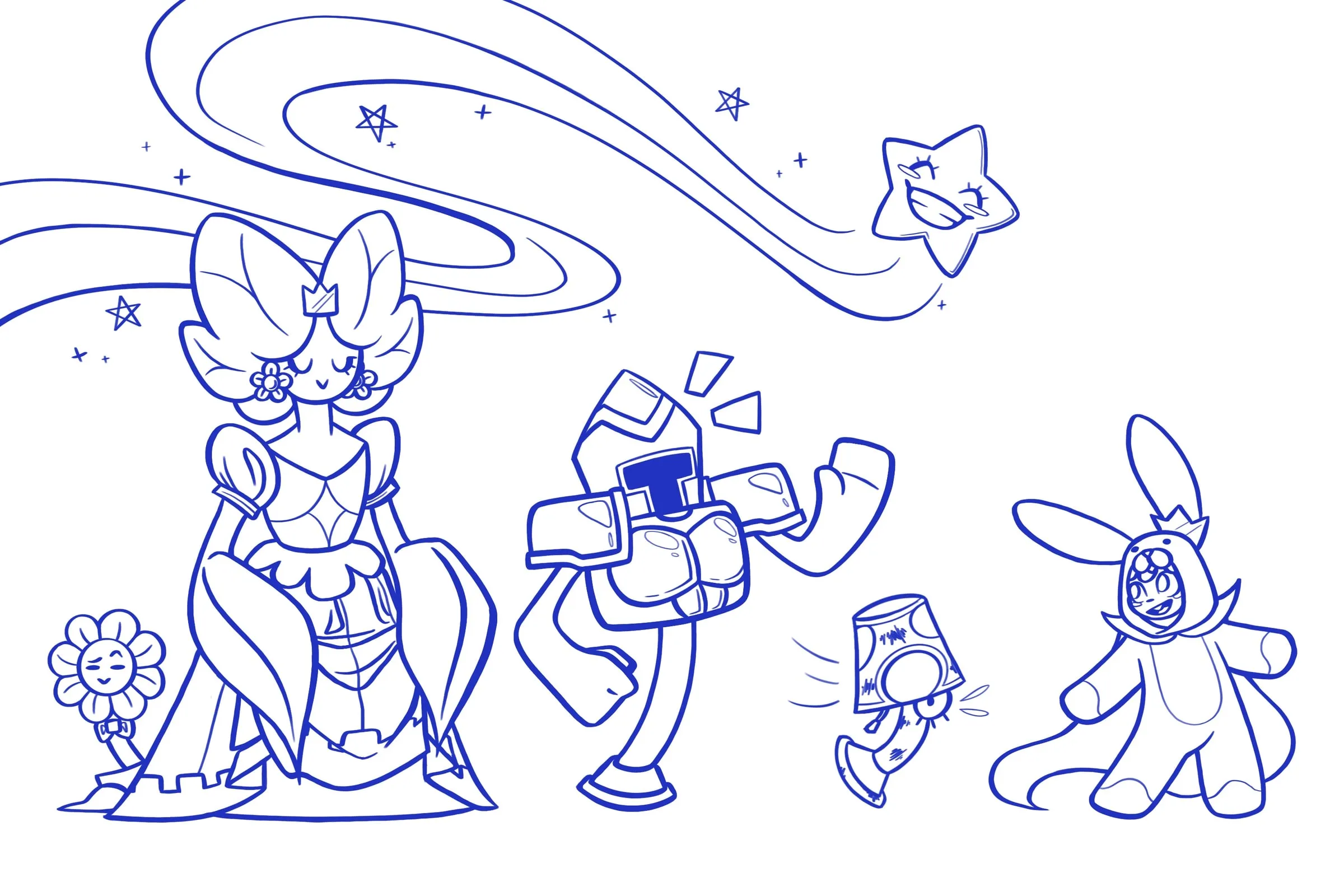 The tightened drawing, still in blue line, with costume and prop detail resolved