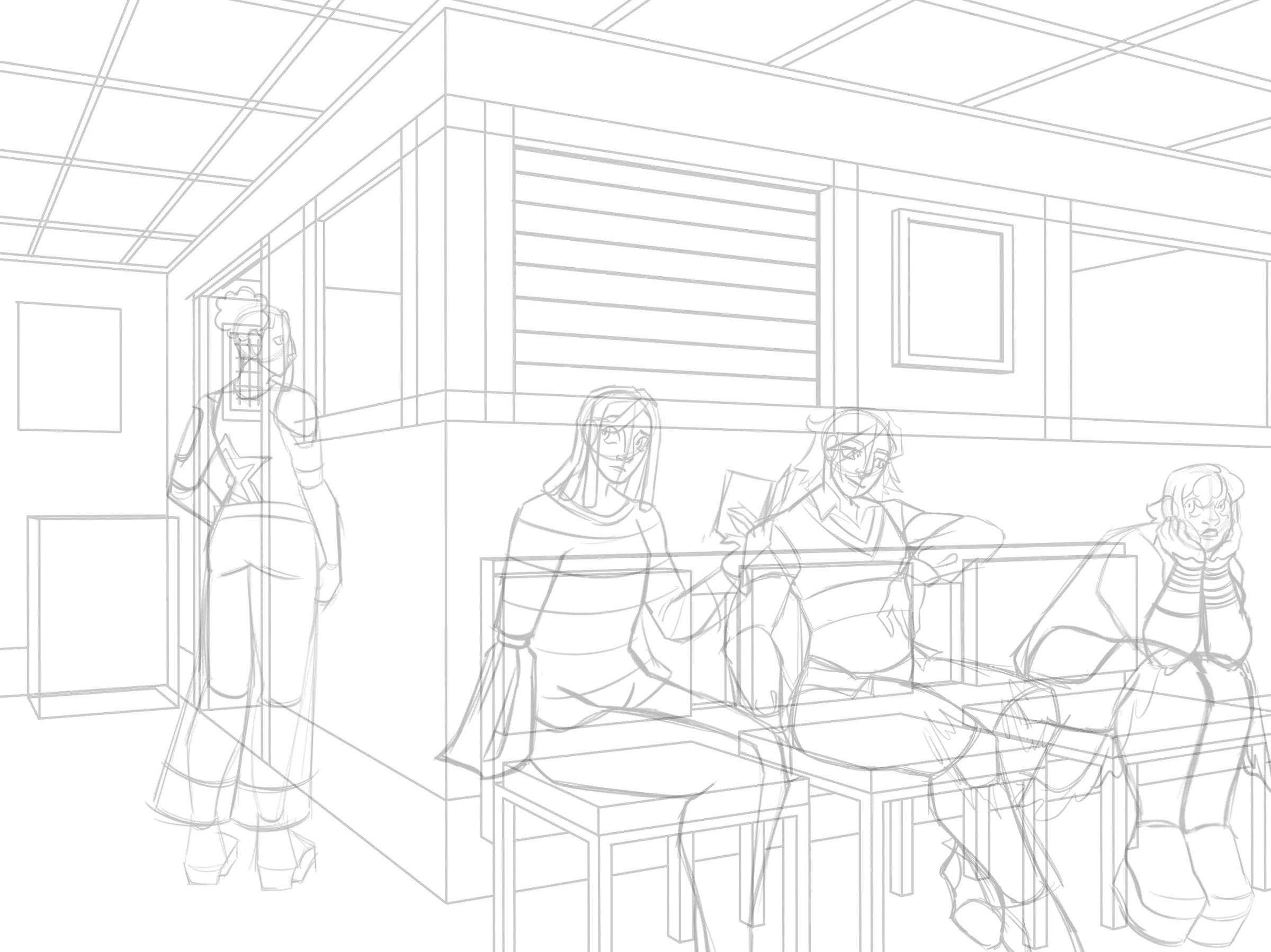 The four girls sketched into the perspective