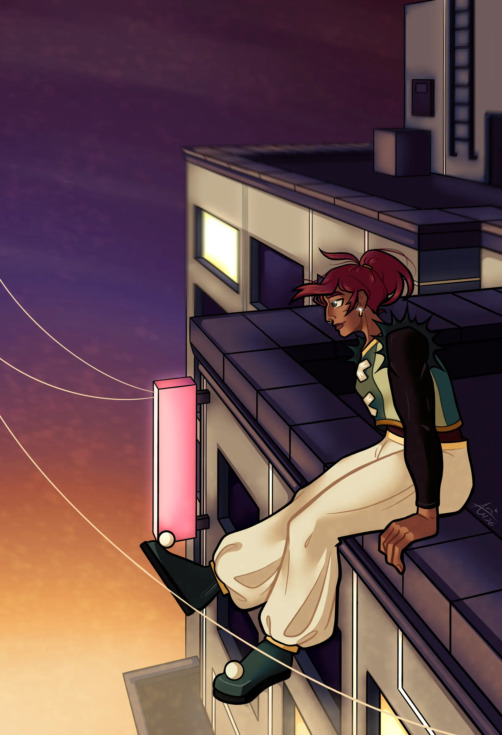 The finished illustration — a figure sitting on a rooftop ledge against an orange and purple sunset