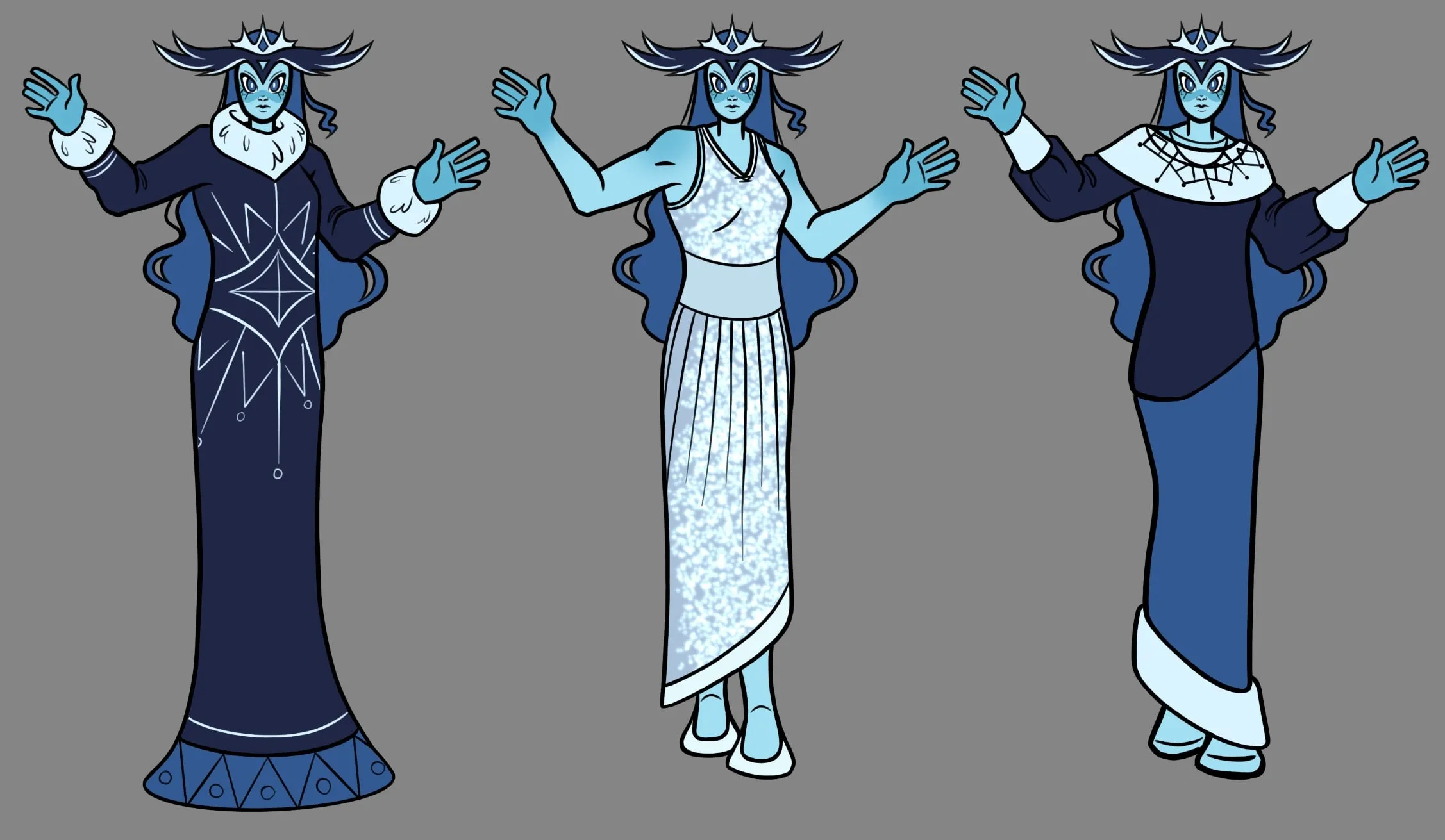 Elsa redesign shown in three views — a dark blue gown with a diamond motif, a white layered dress, and a blue and white gown