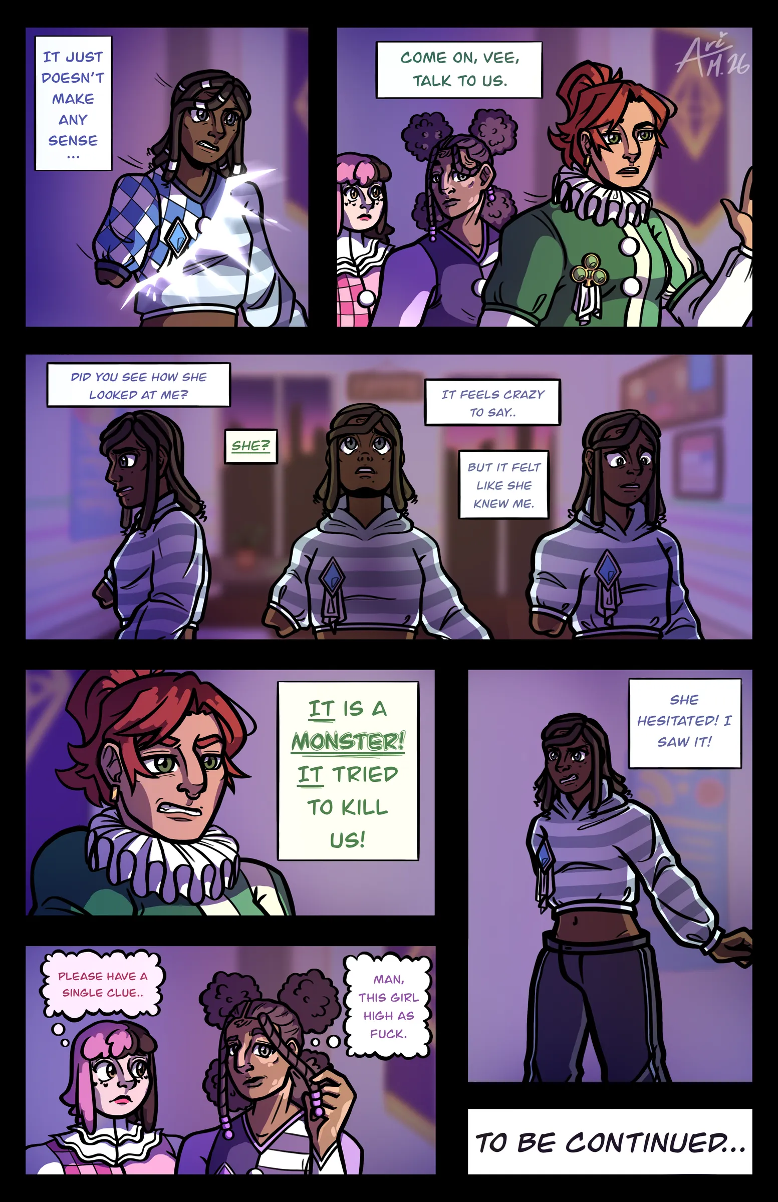The finished page in colour — Veridian argues with her teammates, closing on "to be continued"