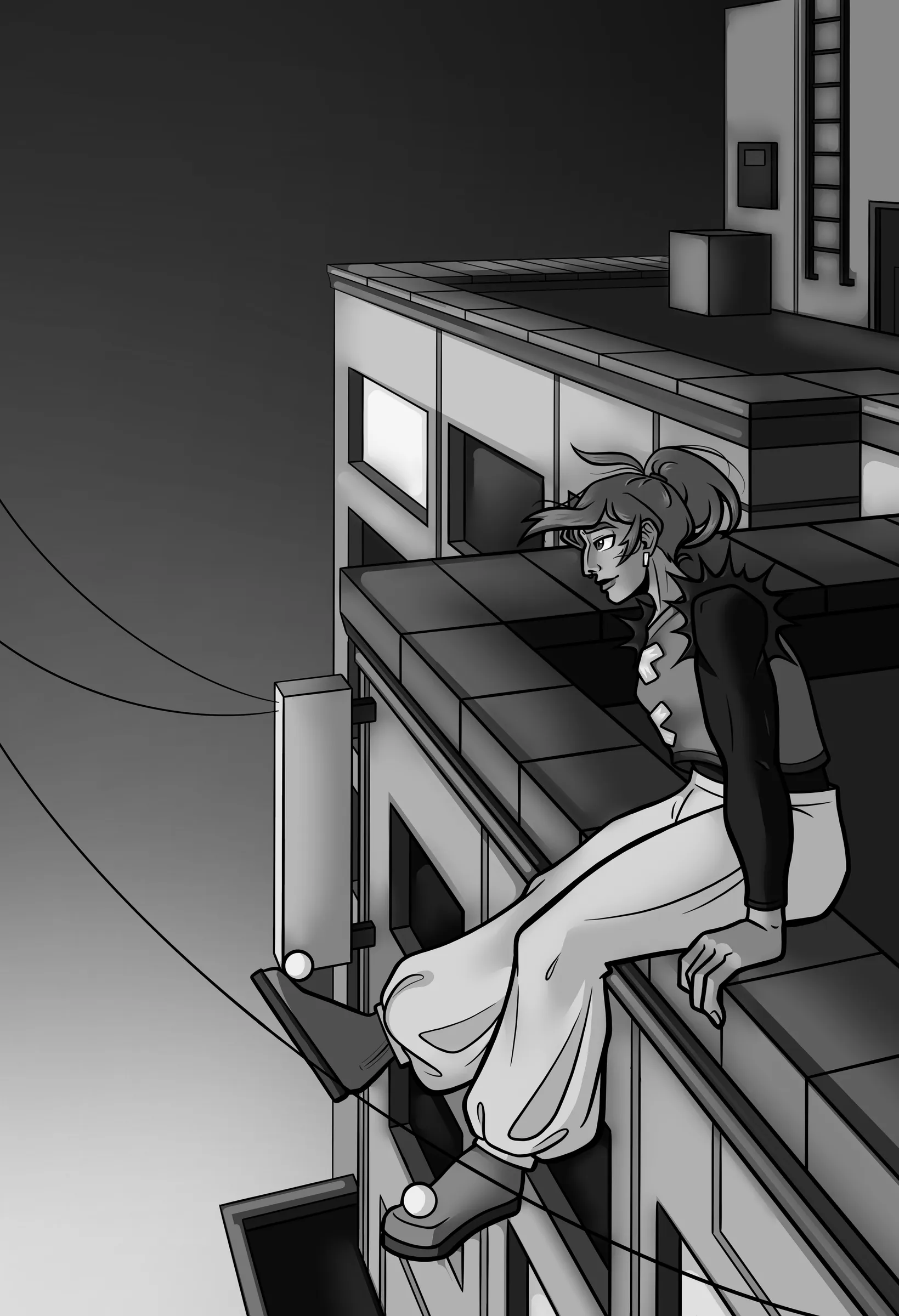 Greyscale value study of the rooftop scene
