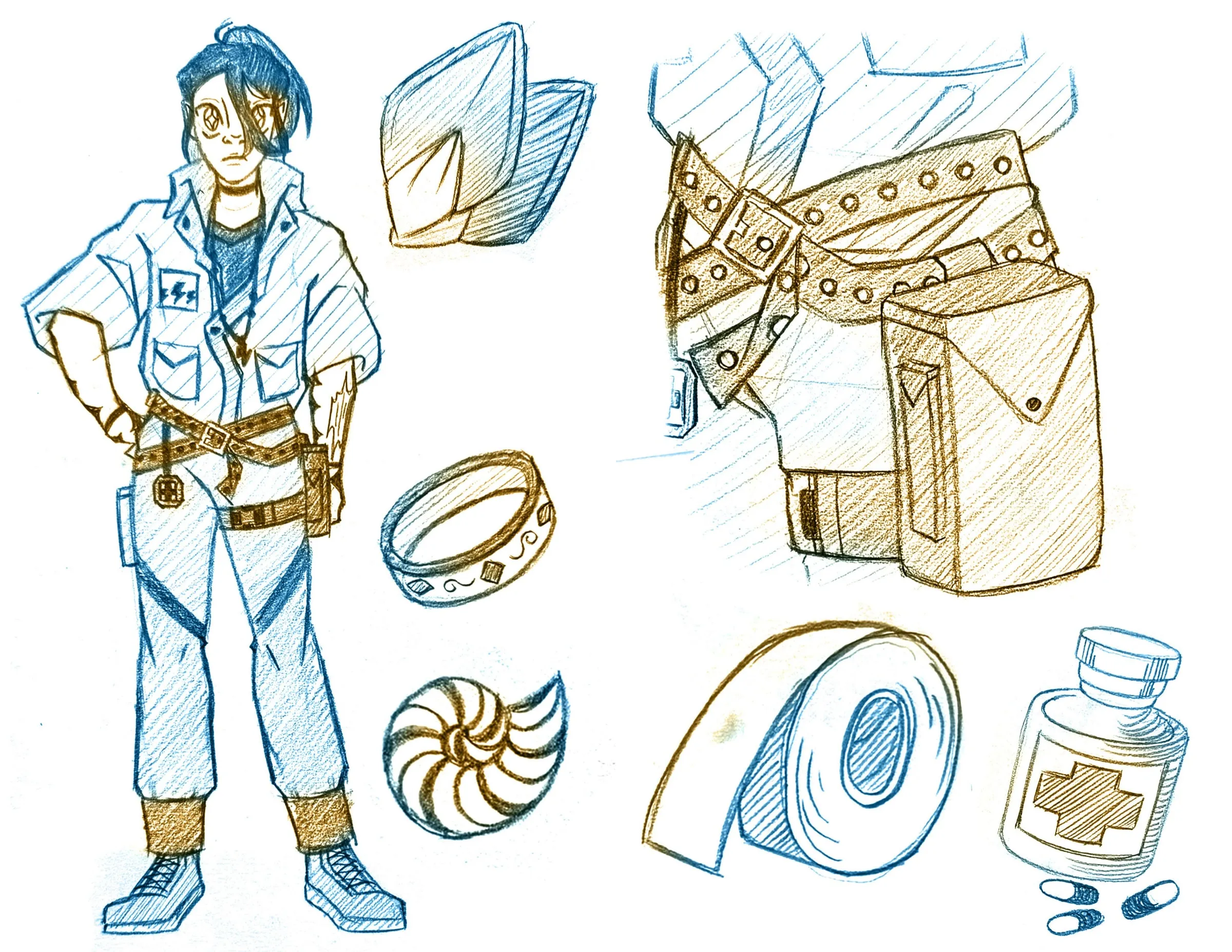 Zine spread — left, a full figure of Lumiel in his current field outfit, blue jacket and belt rig over cuffed trousers and sneakers, with prop studies of a crystal, a patterned ring and a spiral shell. Right, close studies of the belt rig and satchel, a roll of bandage tape, and a pill bottle marked with a medical cross