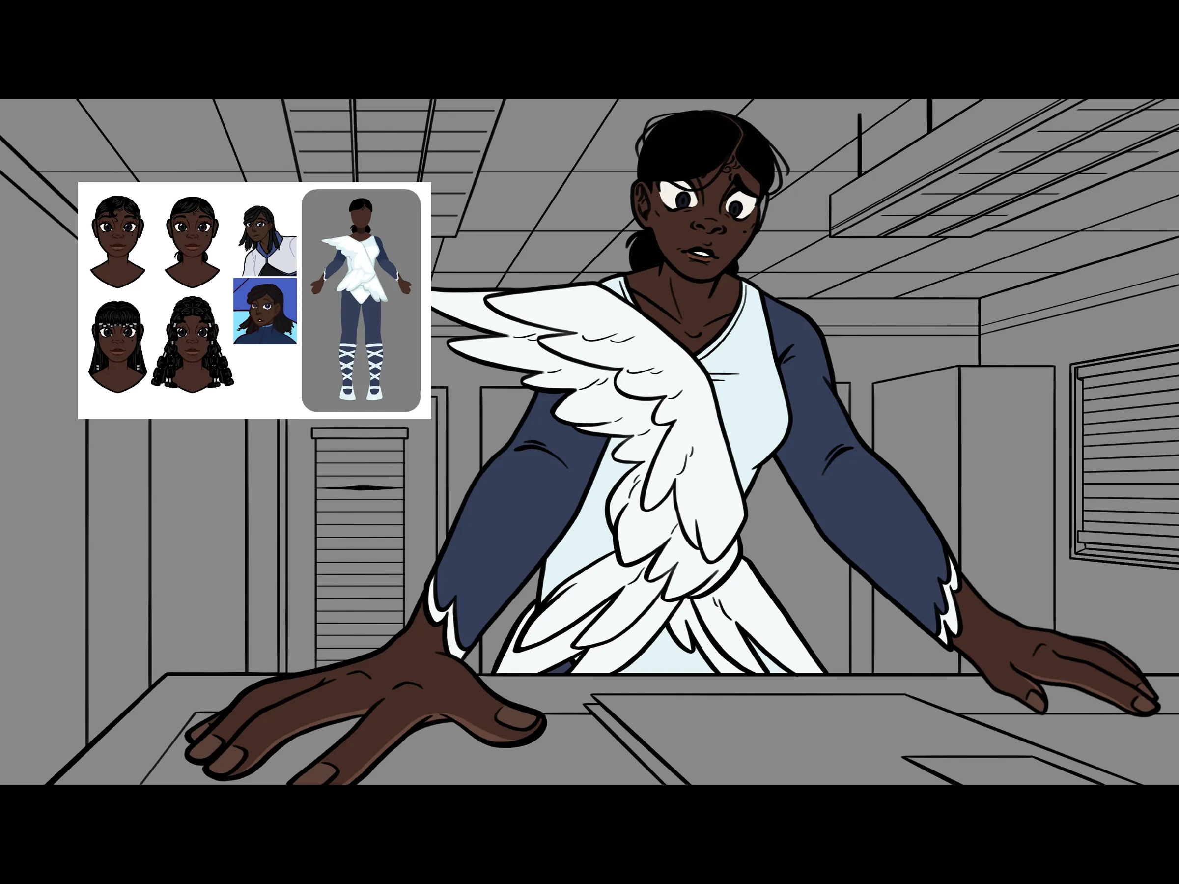 Greyscale pass with a character reference sheet pinned into the corner