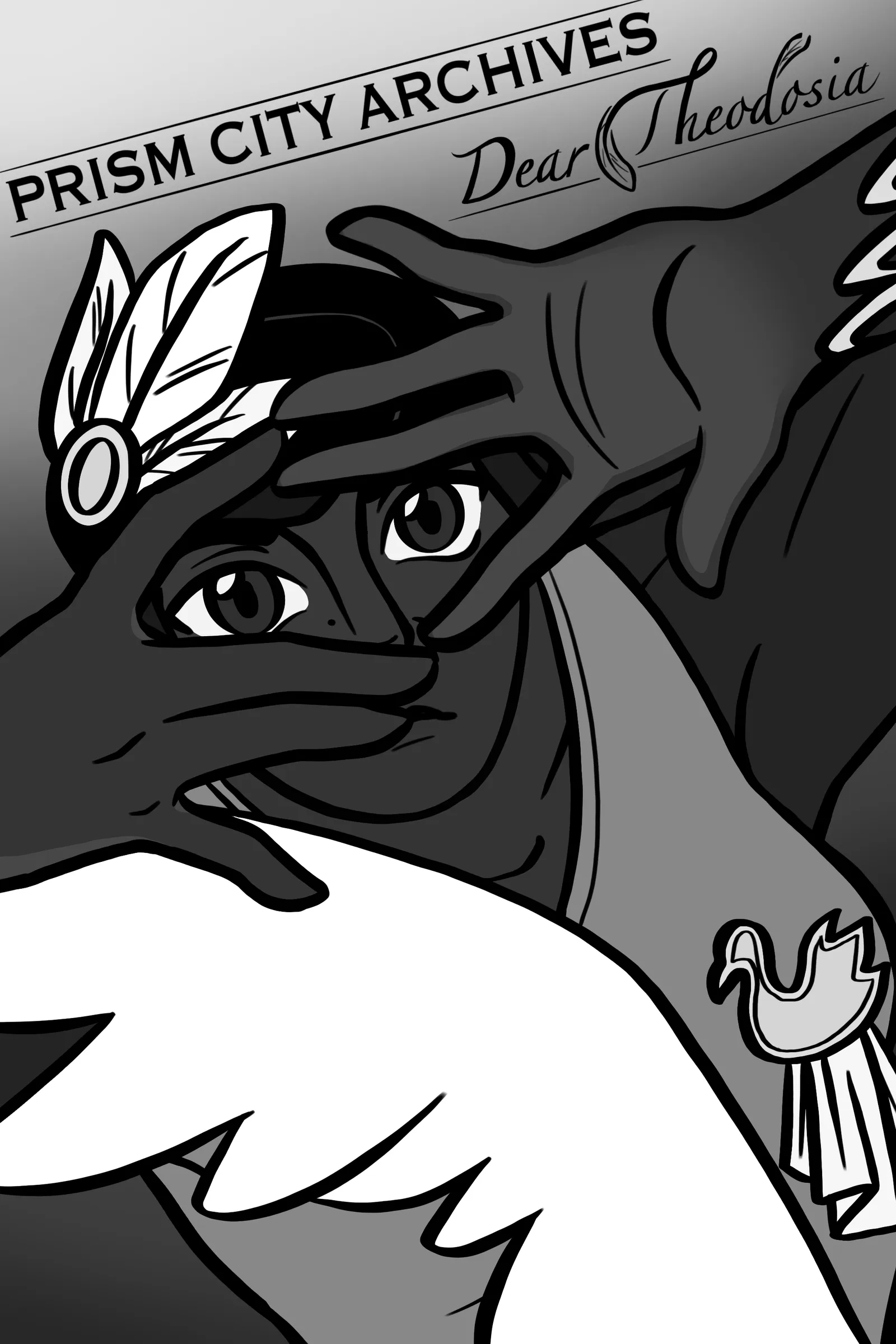 Alternate greyscale composition — a gloved hand reaching past Theodosia's eye