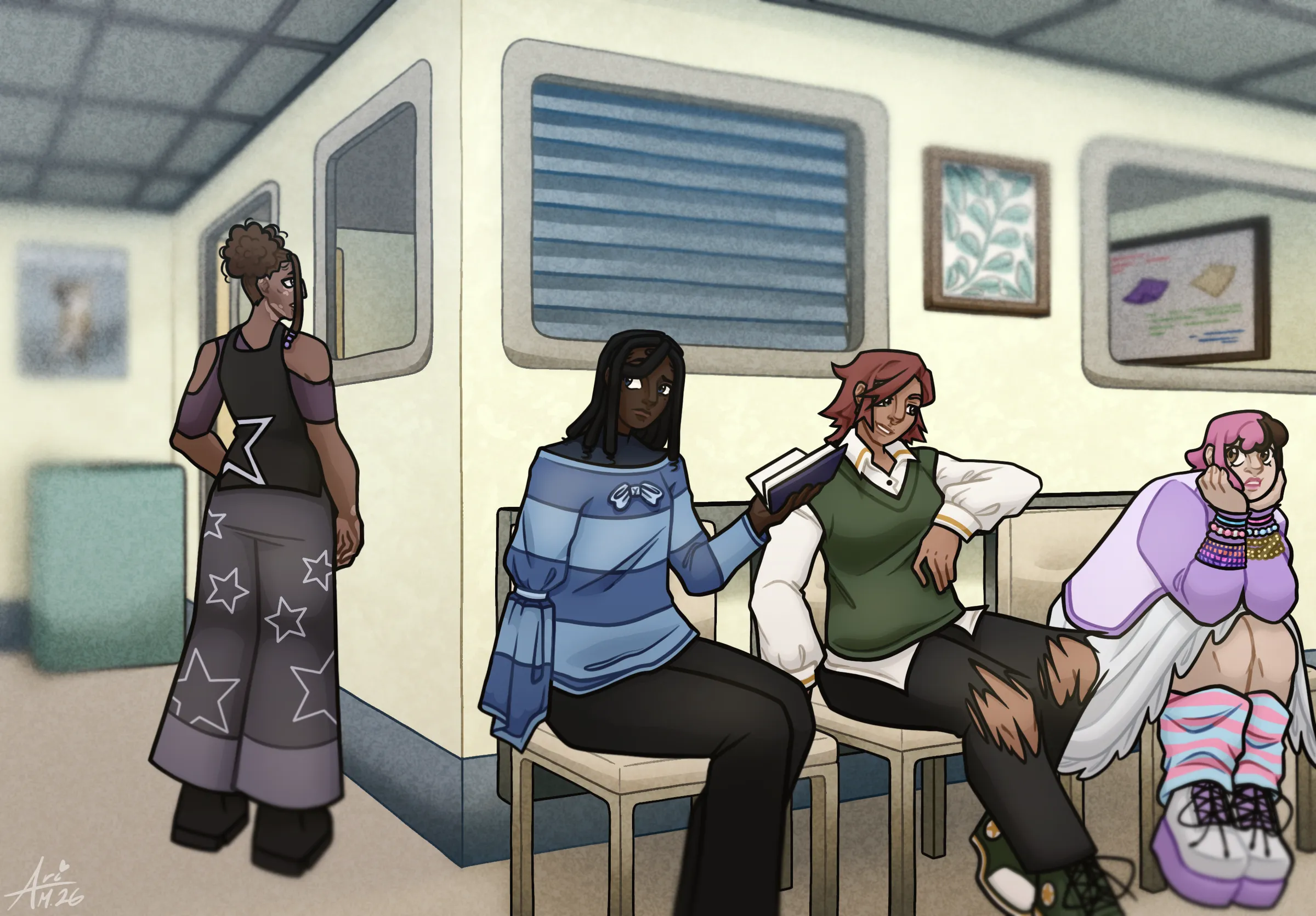 The finished illustration — the squad waiting in a dingy office