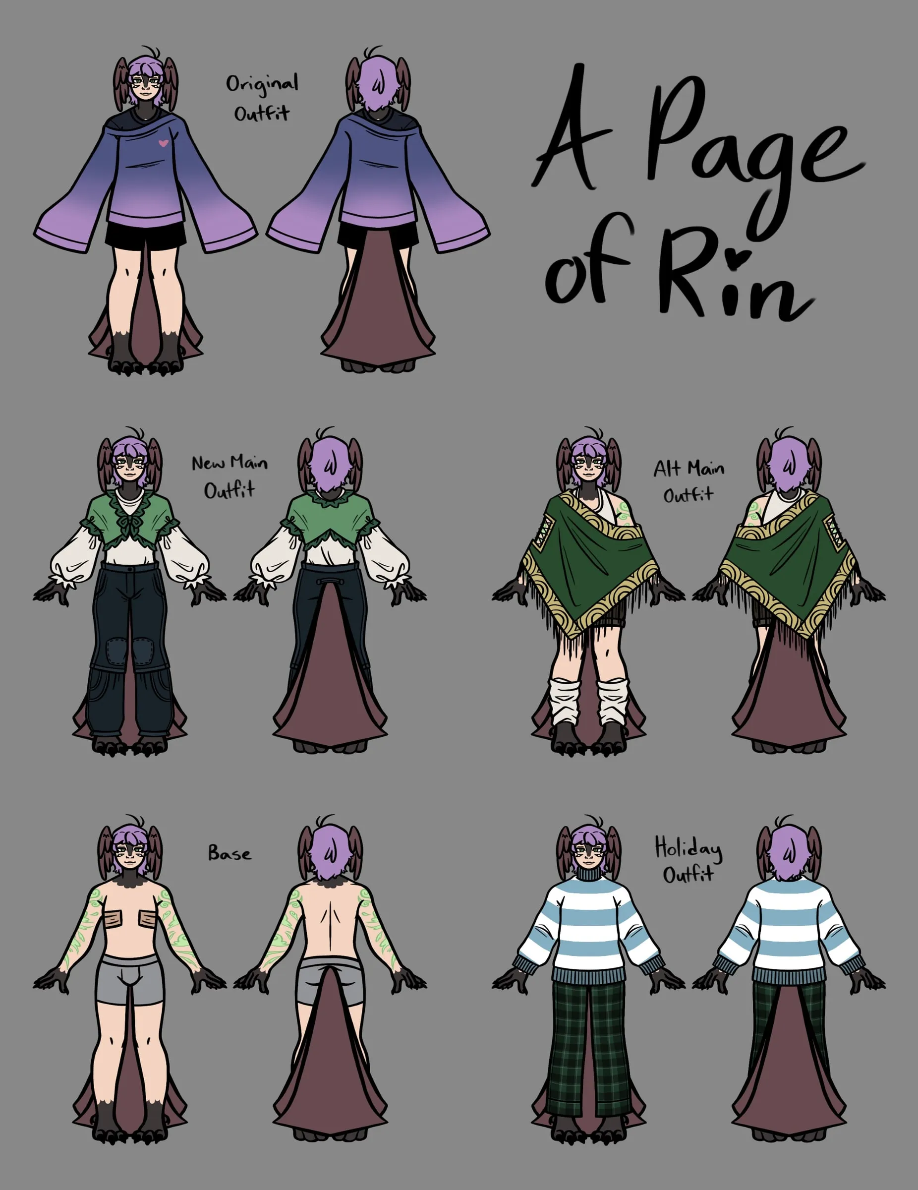 A Page of Rin — a reference sheet gathering the original outfit, the new main outfit, the alt outfit, a base and a holiday outfit