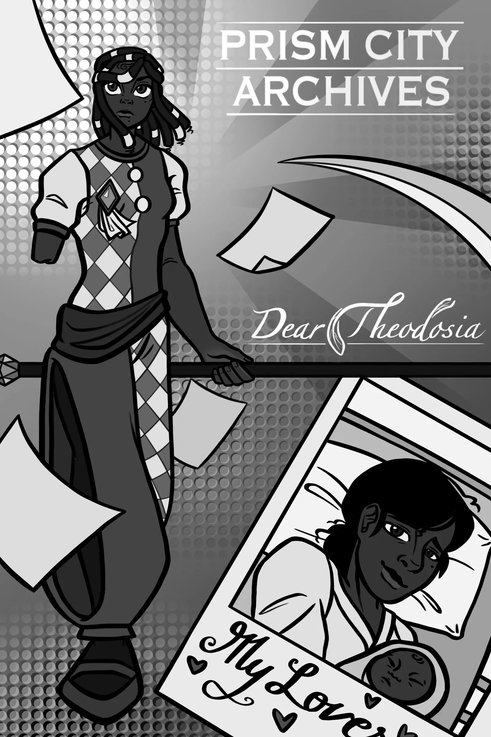 Alternate greyscale composition — Theodosia standing over scattered photographs