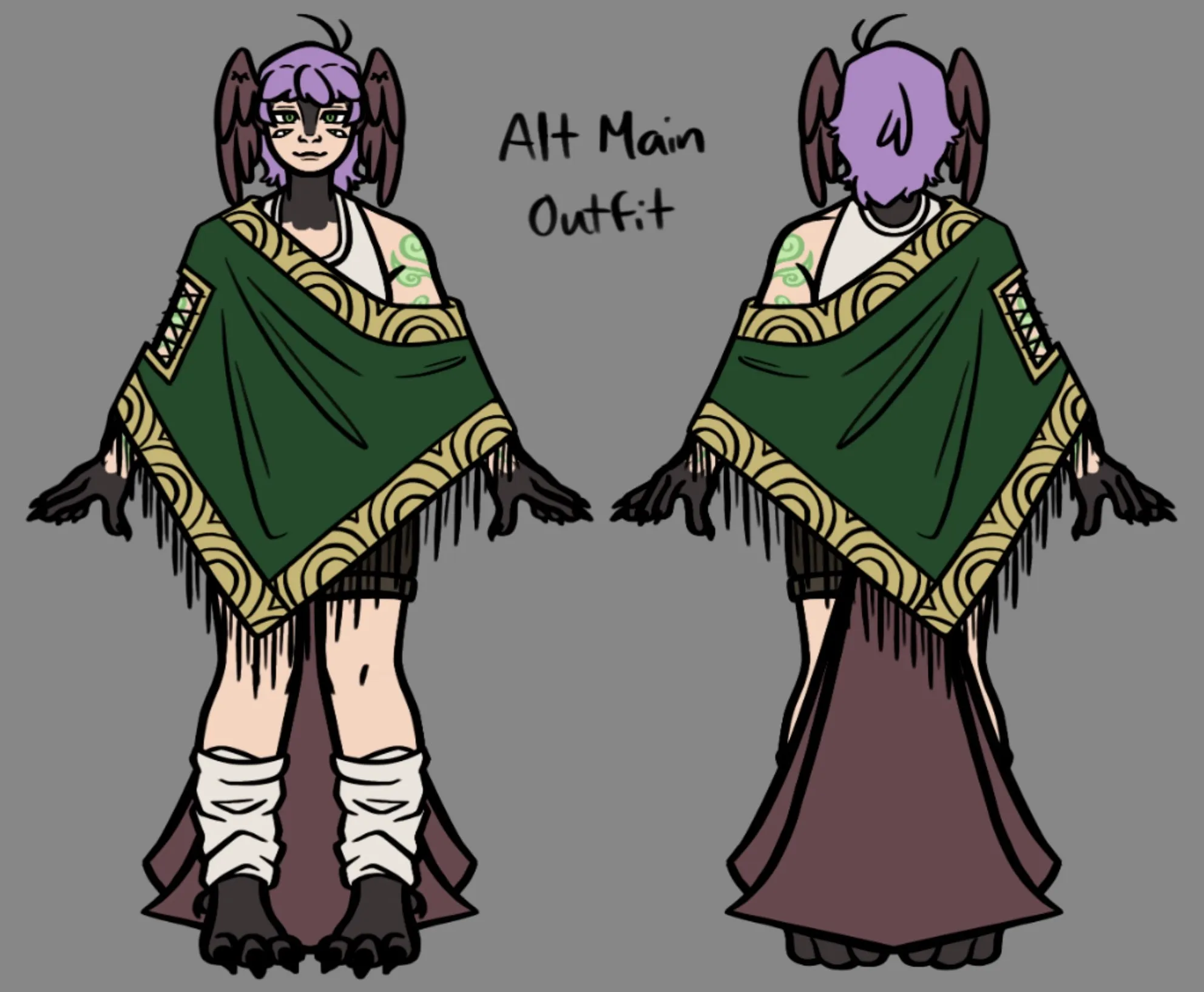 Close-up of the alt main outfit — a fringed green shawl, front and back